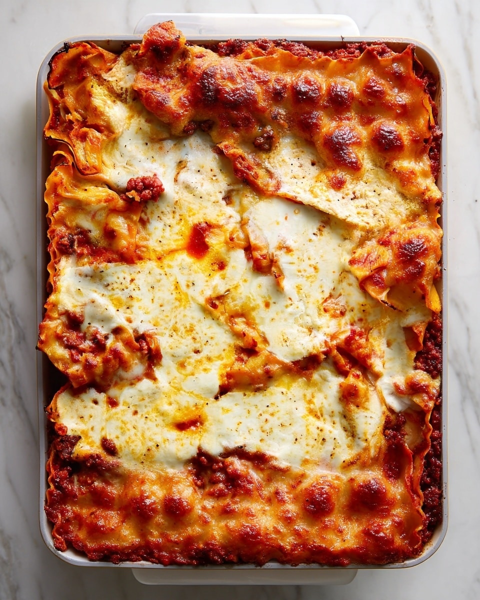 A baked lasagna is shown in a white baking dish with multiple layers visible from the top: a slightly browned melted cheese layer covers the dish, with edges of flat wide pasta sheets peeking out and some reddish tomato sauce mixed with bits of ground meat underneath, creating a rich orange-tinted texture. The top cheese layer is uneven with golden spots where it has browned, giving a textured, bubbly look. The edges of the pasta are slightly crisp and curled, contrasting with the softer center layers. The whole dish sits on a white marbled surface. photo taken with an iphone --ar 4:5 --v 7