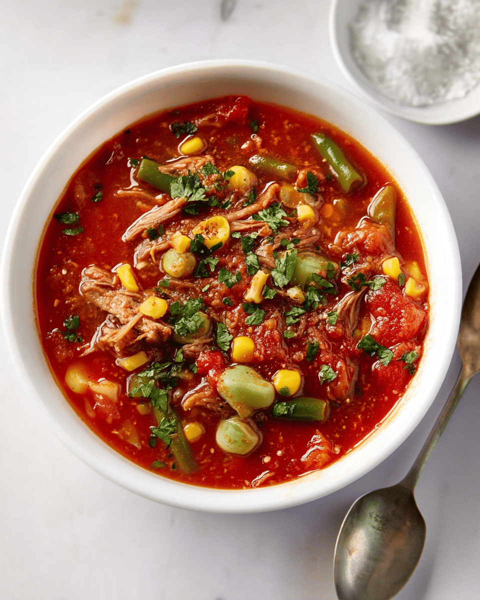 A white bowl filled with a thick tomato-based stew showing several layers: bright red sauce with visible chunks of cooked tomatoes, leafy green herbs sprinkled on top, yellow corn kernels, tender green lima beans, and soft brown shredded meat pieces interspersed throughout. The stew has a hearty, slightly chunky texture with a glossy surface. Next to the bowl is a vintage silver spoon resting on a white marbled surface, and a small white bowl of coarse salt is partially visible in the background. photo taken with an iphone --ar 4:5 --v 7
