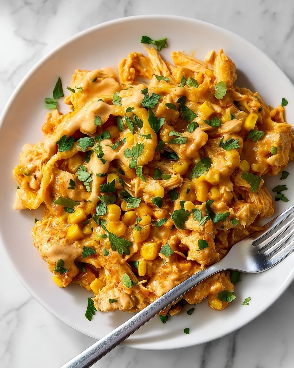 A close-up view of a dish on a white plate filled with shredded chicken covered in a creamy, orange sauce. The sauce looks smooth and thick, coating the chicken pieces evenly. Small yellow corn kernels are mixed in, adding texture and color. The dish is garnished with bright green chopped herbs scattered on top, creating a fresh contrast to the warm colors of the chicken and sauce. A silver fork rests on the right side of the plate, and the plate is set on a white marbled surface. Photo taken with an iphone --ar 4:5 --v 7