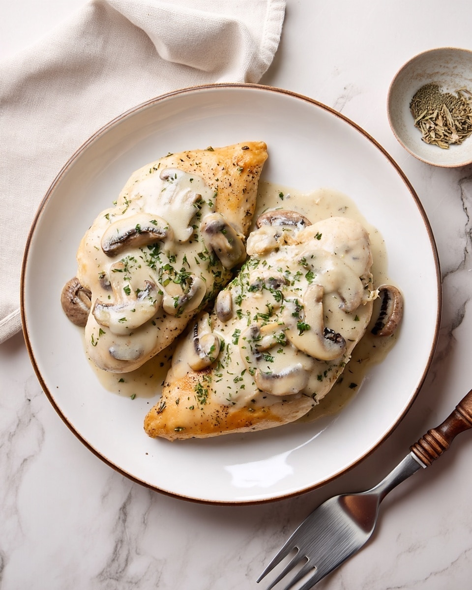 Two cooked chicken breasts are placed on a white plate with a thin brown rim. The chicken is light golden-brown with a smooth texture, topped with a creamy white mushroom sauce that covers most of the chicken and spreads slightly onto the plate. The sauce has visible slices of light brown mushrooms with darker gill details and is sprinkled with finely chopped green herbs. The plate sits on a white marbled surface, accompanied by a silver fork with a wooden handle at the bottom right and a small white dish with dried herbs at the top right. A beige cloth is partially visible at the top left. Photo taken with an iphone --ar 4:5 --v 7
