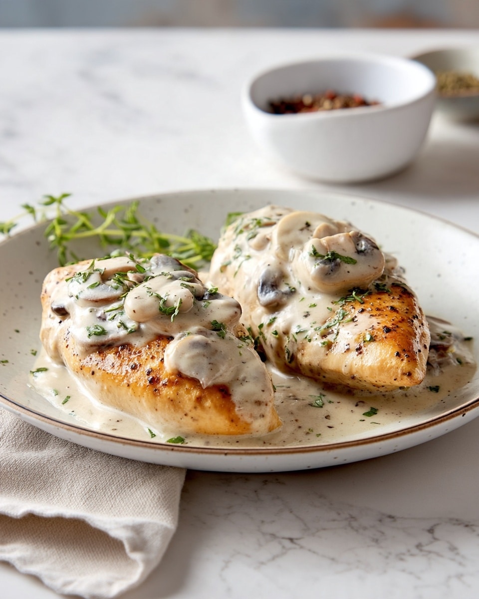 Two pieces of grilled chicken breast sit on a white speckled plate, layered with a creamy light beige mushroom sauce that contains visible slices of mushrooms. The sauce covers the top layer of the chicken and is sprinkled with small bits of green herbs. The plate is positioned on a white marbled surface, with a white bowl containing spices blurred in the background and a beige cloth napkin partially visible near the bottom edge. Photo taken with an iphone --ar 4:5 --v 7