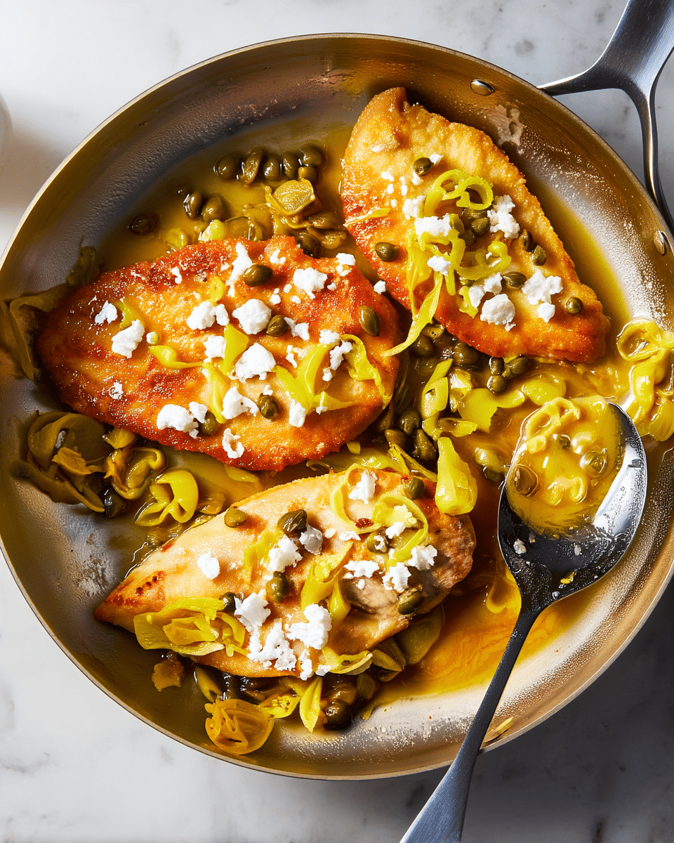 The image shows a close-up of a metal pan with three golden-brown fried fillets layered flat inside it, each topped with small white crumbles and scattered thin slices of yellow pickled peppers. Around and under the fillets, there are numerous dark green capers and a light yellow sauce that fills the pan’s bottom, giving the dish a glossy look. A silver spoon rests at the bottom right corner, partly submerged in the sauce with some pepper slices on it. The whole scene sits on a white marbled surface. photo taken with an iphone --ar 4:5 --v 7