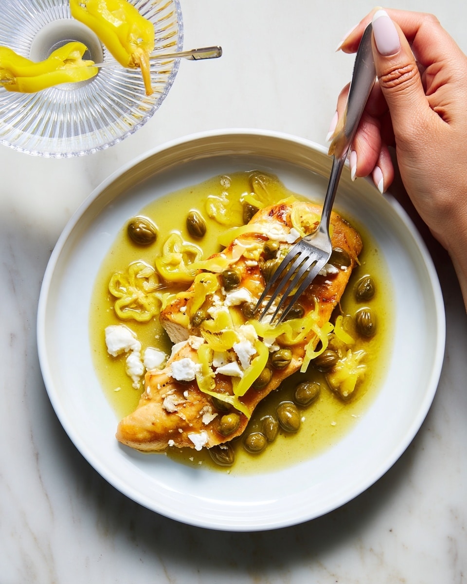 A white round plate holds a single cooked piece of chicken breast with a golden-brown outer layer soaked in light green-yellow sauce. On top of the chicken are sliced yellow peppers and small green capers, along with white crumbled cheese scattered over the dish. The sauce also partially covers the plate around the chicken. A fork is cutting into the chicken piece, held by a woman's hand with neatly manicured nails. Nearby, there is a clear ridged glass bowl containing more yellow sliced peppers and a serving utensil. The whole scene is set on a white marbled surface. photo taken with an iphone --ar 4:5 --v 7
