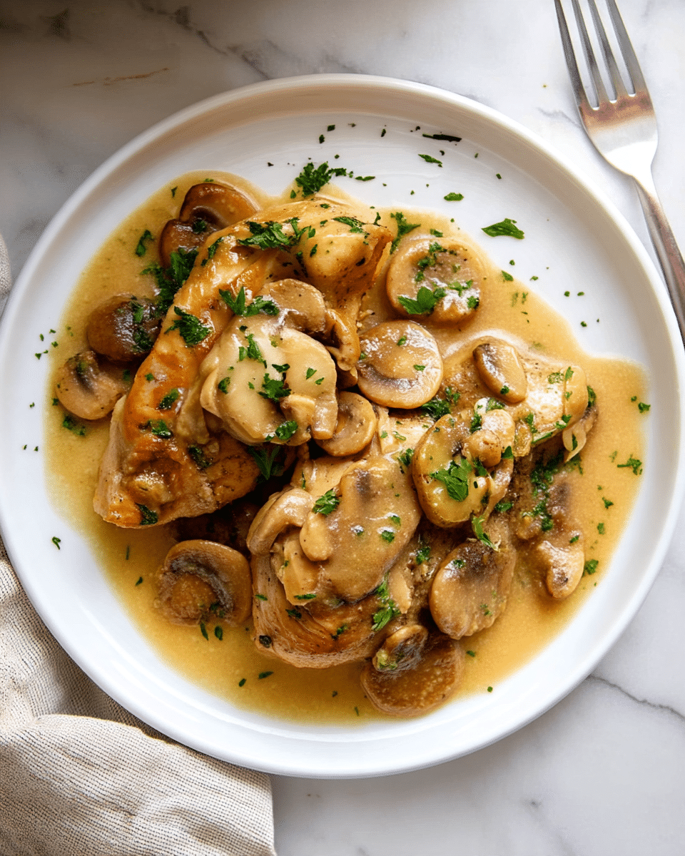 A white plate holds two golden brown cooked chicken breasts topped with a layer of light brown mushroom slices coated in a creamy beige sauce. The sauce pools around the chicken, creating a glossy texture that enhances the dish's moist look. Fresh green chopped herbs are sprinkled over the top, adding a bright contrast and a hint of freshness. The plate is set on a white marbled surface, with part of a silver fork visible in the top right corner and a beige cloth in the bottom left. photo taken with an iphone --ar 4:5 --v 7