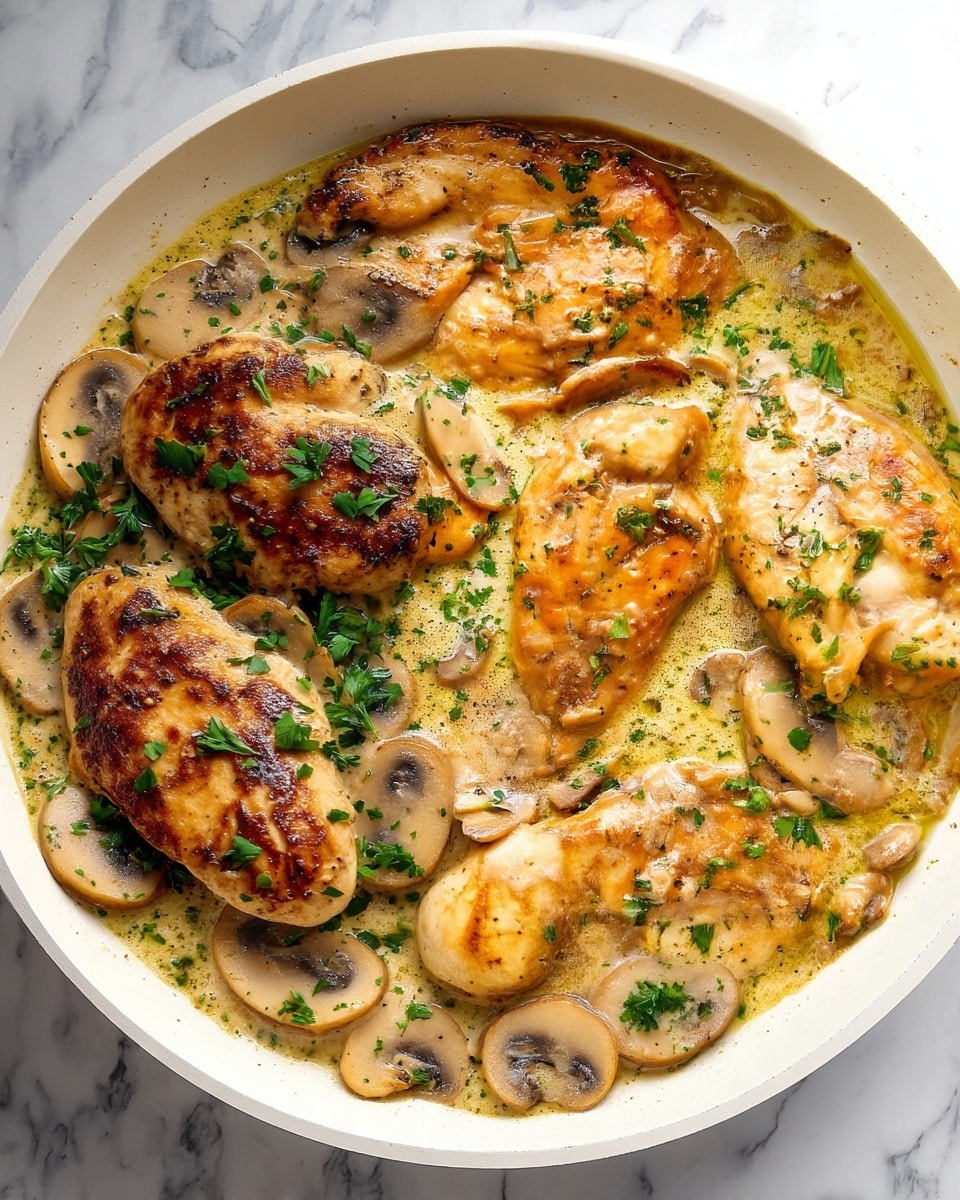 The image shows a dish with four browned chicken breasts layered on top, with slices of light brown mushrooms spread around and underneath. The chicken pieces have a golden-brown texture with some black pepper visible. The dish is smothered in a creamy, pale yellow sauce that has a slightly bubbly and smooth texture. Small green bits of fresh parsley are sprinkled over the top, adding a fresh color contrast. The dish is in a white pan set on a white marbled surface. photo taken with an iphone --ar 4:5 --v 7