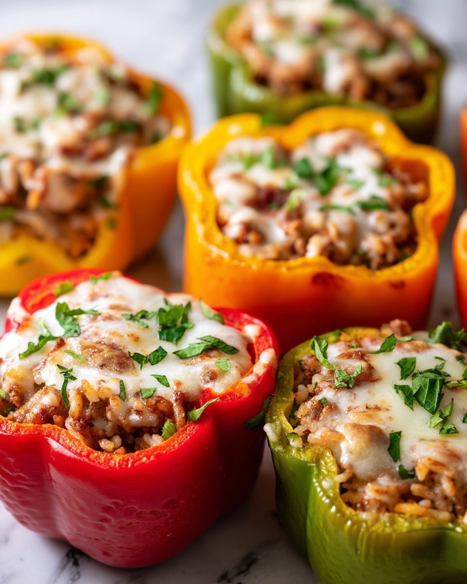 A close-up view of colorful stuffed bell peppers arranged in a pan with a white marbled background shows layers starting with hollowed pepper shells in red, yellow, orange, and green colors forming the outer layer, filled generously with a mix of ground meat and rice as the middle layer, topped with melted white cheese that is slightly browned and bubbly, and sprinkled with chopped green herbs on top for garnish. Photo taken with an iphone --ar 4:5 --v 7