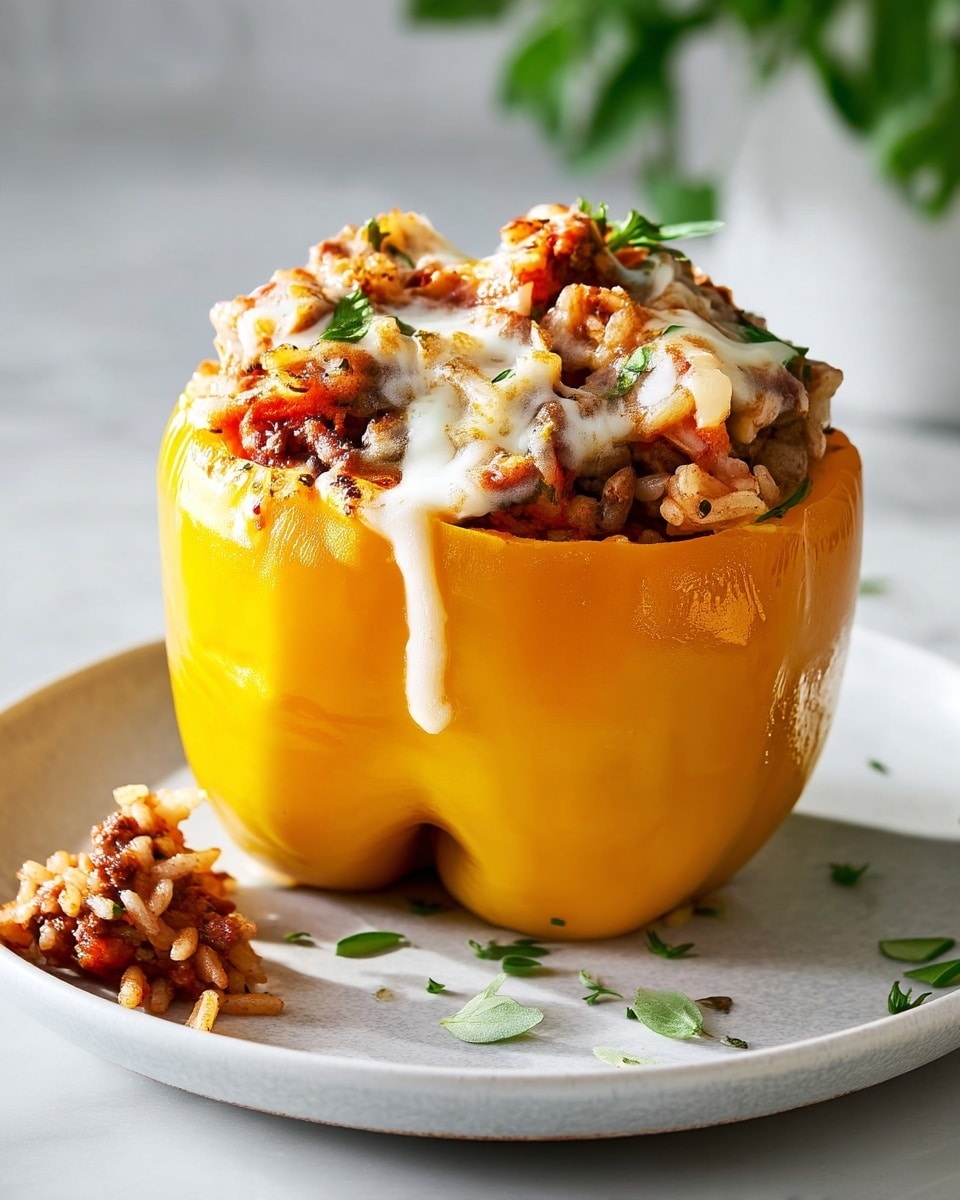 A bright yellow bell pepper stands upright on a white round plate over a white marbled surface, hollowed out and filled with cooked ground meat mixed with rice and tomato bits, topped with melted white cheese that slightly drips down the side, garnished with small green herb leaves on top and sprinkled around the plate, with a small portion of the filling resting beside the pepper. photo taken with an iphone --ar 4:5 --v 7