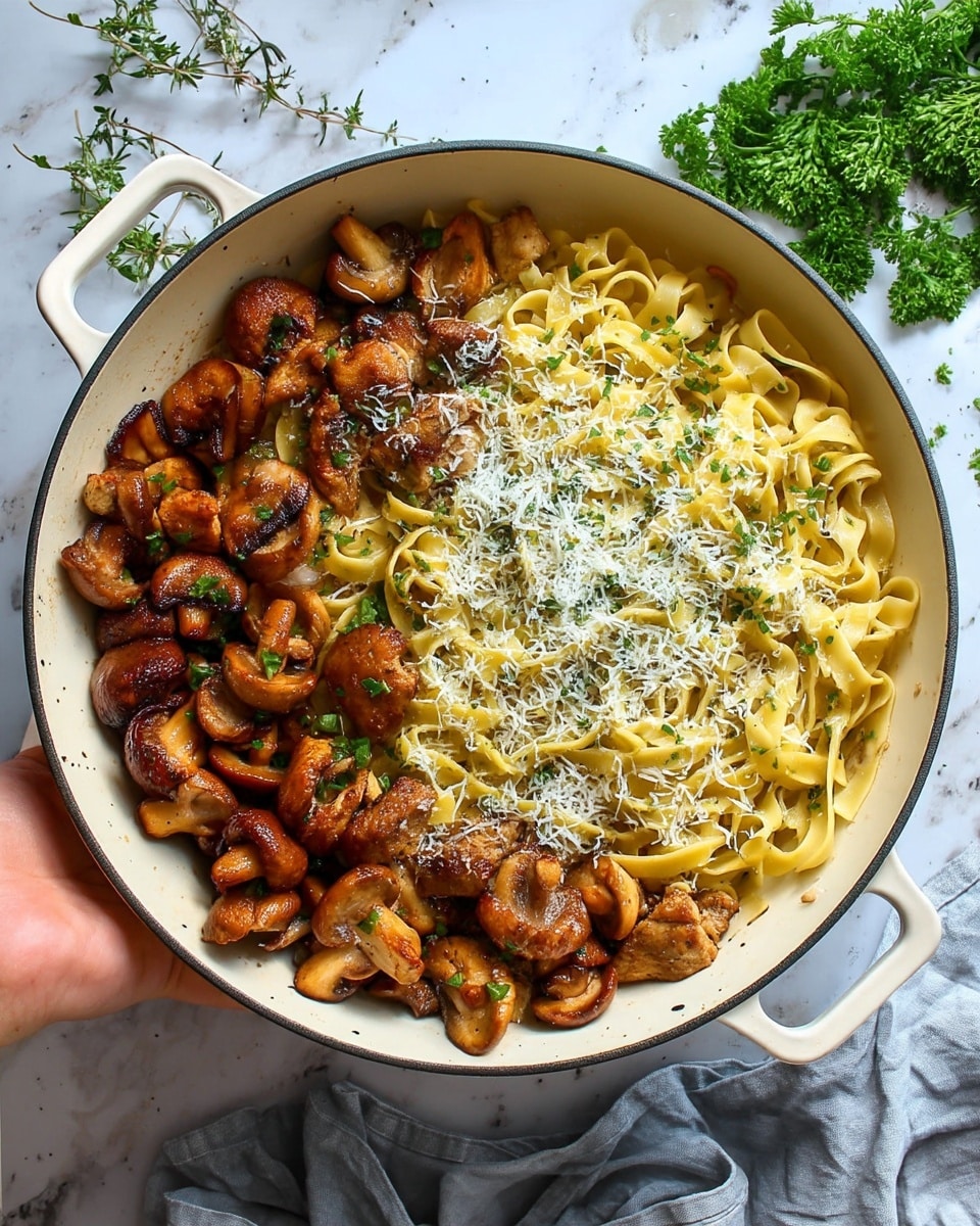 A large white pot filled with three main layers: at the bottom are golden-brown cooked mushroom slices spread around the pot edges; on top of mushrooms are tender, browned chicken pieces scattered evenly; the final top layer consists of creamy, pale yellow fettuccine noodles loosely mixed and sprinkled with fine white grated cheese and small green parsley bits. The pot sits on a white marbled surface with some green herbs near the top left and right edges, and a crumpled light gray cloth at the bottom right corner. Photo taken with an iphone --ar 4:5 --v 7