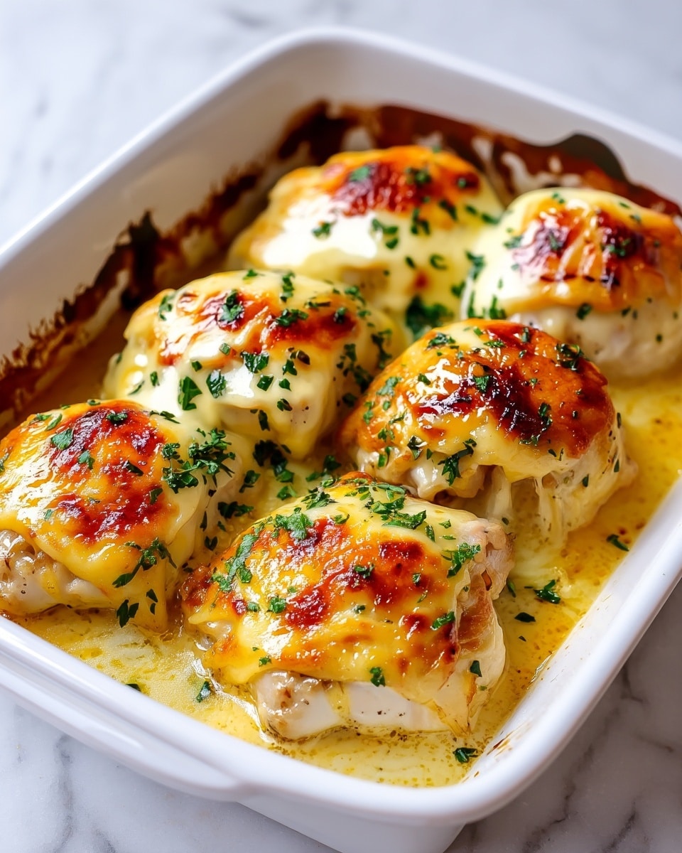 The image shows six baked chicken thighs in a white rectangular dish, each covered with a golden, melted cheese layer that is bubbly and slightly browned on top. The chicken skin beneath is pale with some roasted spots visible. Fresh green chopped herbs are sprinkled over the cheese, adding contrast. The dish sits on a white marbled surface, with melted cheese and sauce pooling around the chicken, creating a creamy texture. photo taken with an iphone --ar 4:5 --v 7