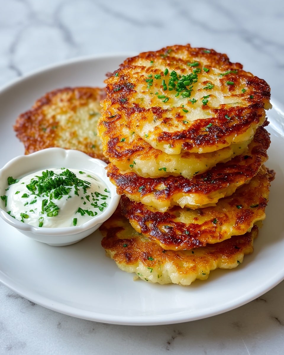 A white plate holds five golden-brown potato pancakes stacked slightly over each other. Each pancake is crispy on the edges with uneven golden and light brown spots, and small green herb bits are sprinkled on top. Near the top edge of the plate, there is a small white bowl filled with creamy white sour cream garnished with finely chopped green herbs. The plate rests on a white marbled textured surface. photo taken with an iphone --ar 4:5 --v 7