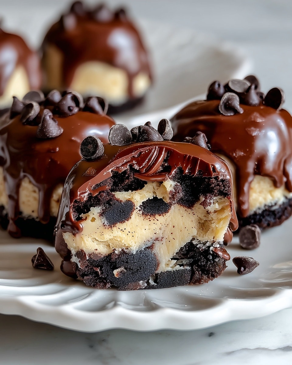 A close-up of round mini cakes cut in half, showing three layers: a dark chocolate crumb outer layer with a slightly rough texture, a thick creamy beige middle layer with smooth texture, and a dark chocolate core at the center. The cakes are coated with shiny melted dark chocolate that drips slightly down the sides and are topped with small dark chocolate chips. The desserts sit on a white plate with wavy edges, placed on a white marbled surface. The background is out of focus showing several more whole mini cakes. Photo taken with an iphone --ar 4:5 --v 7