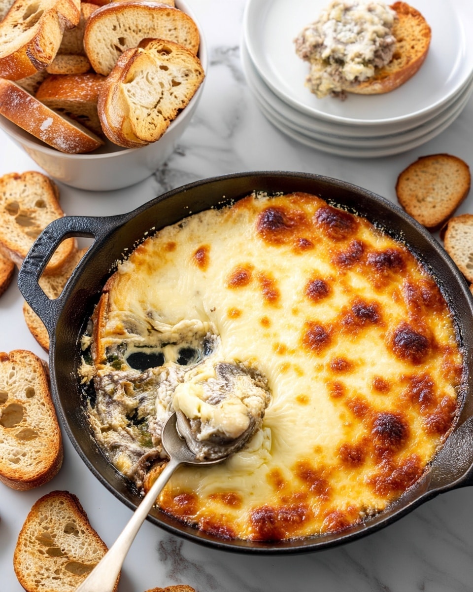 The image shows a black cast iron skillet filled with a creamy dish topped with a golden brown melted cheese layer that looks slightly bubbly and browned in spots. A spoon scoops out a serving from the bottom left side, revealing a thick creamy mixture underneath with visible bits of mushrooms and ground meat. To the upper right of the skillet is a stack of white plates, the top plate holding a toasted round bread slice spread with a portion of the creamy mixture. Surrounding the skillet and plates are several toasted slices of crusty bread, some in a white bowl and others scattered around on a white marbled surface. photo taken with an iphone --ar 4:5 --v 7