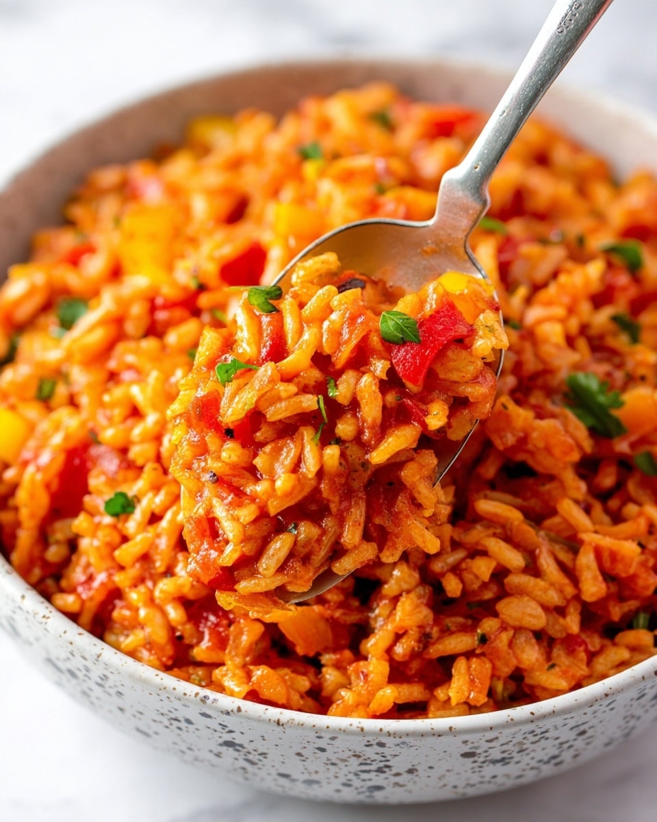 A close-up view of cooked rice mixed with a rich tomato sauce giving it a bright orange-red color, with small pieces of vegetables like yellow peppers and bits of green herbs scattered throughout. The rice grains look soft and slightly sticky, filling a white speckled bowl. A silver spoon is partially submerged in the rice, holding a scoop, showing the texture and the mix of colors up close. The dish sits on a background with a white marbled texture. Photo taken with an iphone --ar 4:5 --v 7