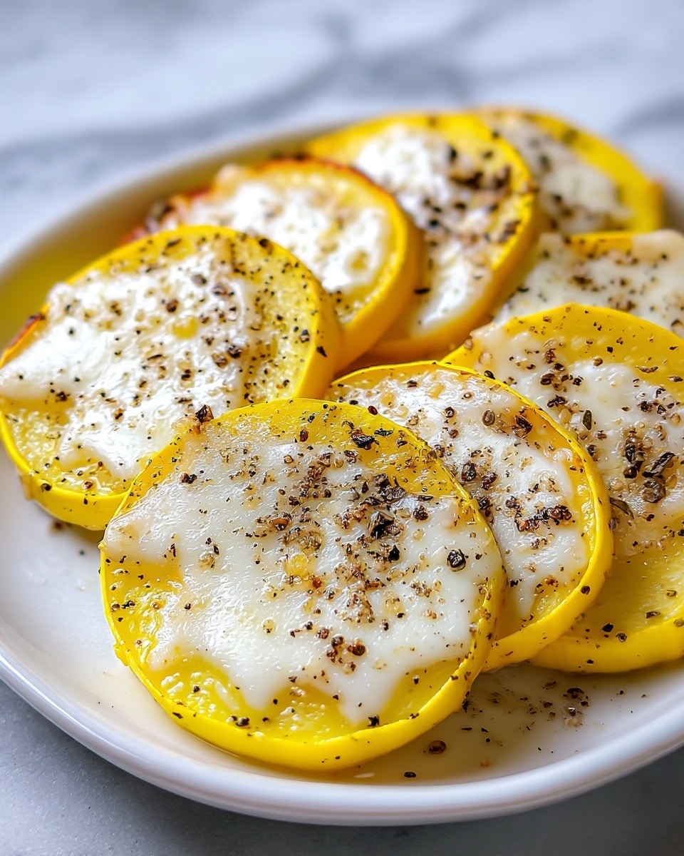 The image shows a close-up of several yellow squash slices arranged in overlapping layers on a white dish. Each slice has a bright yellow outer skin with a soft creamy white center covered by a layer of melted white cheese. The cheese is slightly bubbly and browned in some areas. The slices are sprinkled with coarse black pepper, adding texture and contrast to the smooth cheese. The background has a white marbled texture. photo taken with an iphone --ar 4:5 --v 7