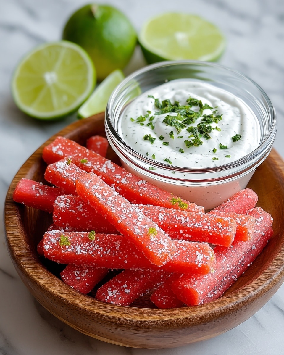The image shows a round wooden bowl filled with bright pink carrot sticks coated with white salt crystals and small green herbs. Next to the carrot sticks is a clear glass bowl filled with white creamy dip garnished with green herbs on top. In the background on a white marbled surface, there are several cut lime wedges. The colors of the carrot sticks, creamy dip, green herbs, and lime wedges stand out against the wooden bowl and white marbled surface. Photo taken with an iphone --ar 4:5 --v 7