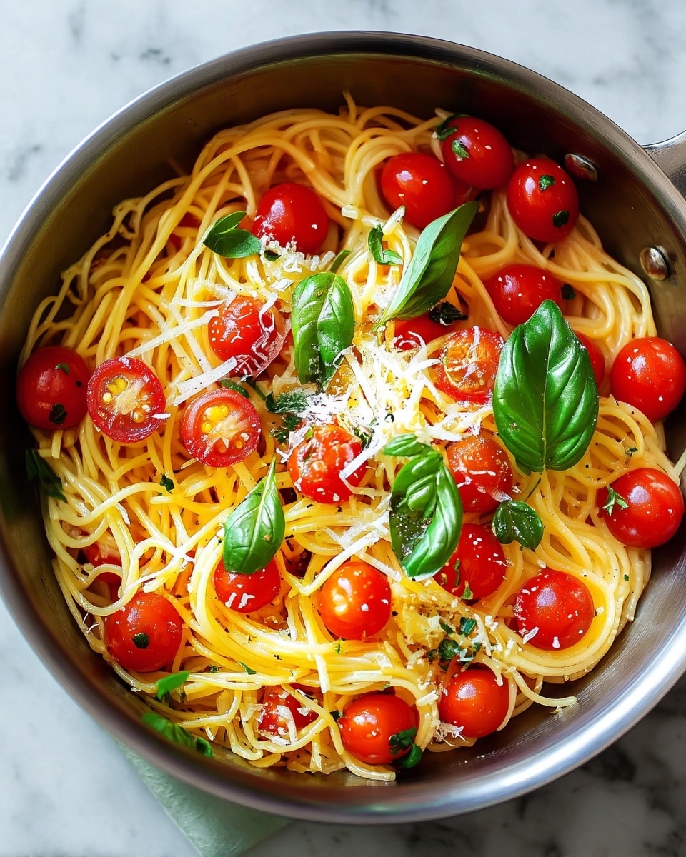 A close-up view of a bowl filled with thin yellow spaghetti noodles tangled together, topped with bright red cherry tomatoes, some whole and some sliced showing their juicy inside. Fresh green basil leaves are placed evenly across the pasta, adding a vibrant touch. The dish is sprinkled with fine white grated cheese and small pieces of chopped green herbs. Tiny black pepper specks are scattered over the entire dish, making it look fresh and flavorful. The bowl has a shiny silver inner surface, contrasting with the colorful ingredients inside, set against a white marbled texture background. photo taken with an iphone --ar 4:5 --v 7