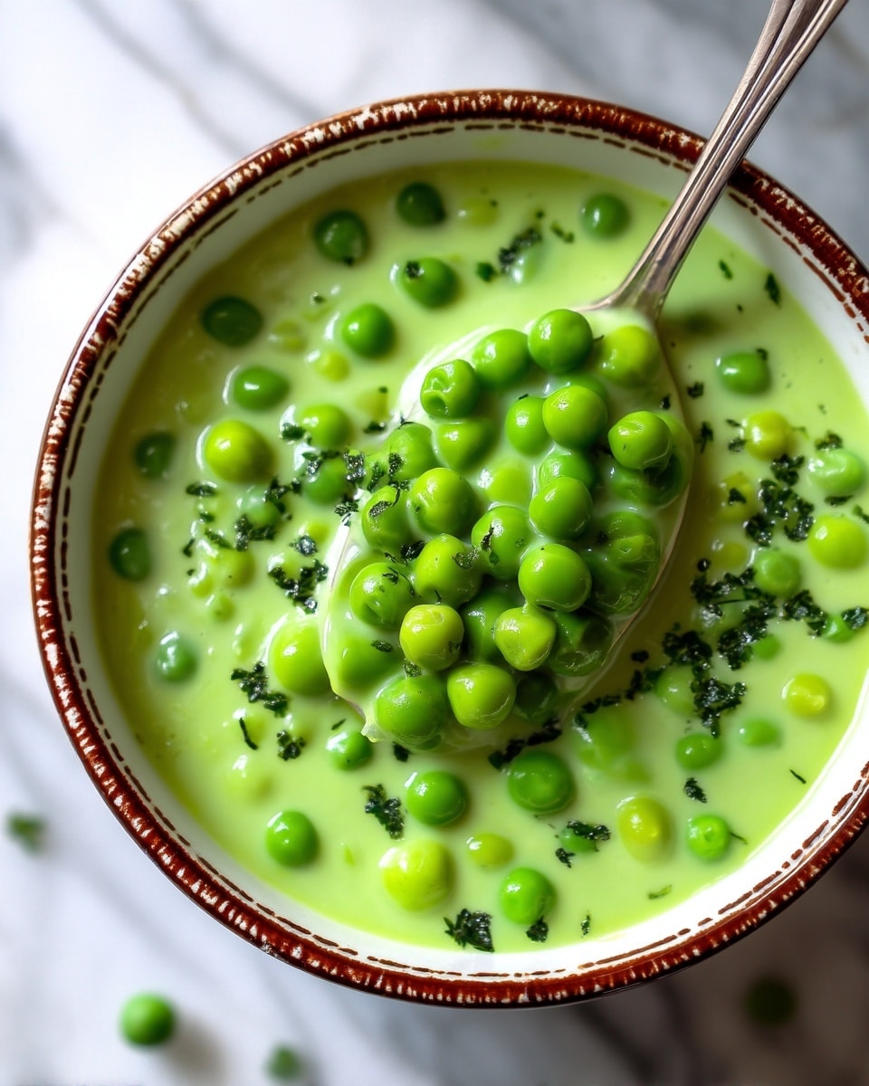 A close-up view of a bowl filled with a creamy green peas dish. The bowl is white with black intricate patterns on the outside rim, holding a thick, light green sauce full of whole, bright green peas evenly spread throughout. The creamy texture shows some smoothness with small lumps, and there are tiny dark green herb pieces sprinkled on top. A silver spoon is dipping into the side of the bowl. The bowl is placed on a dark brown surface with a blue and white cloth nearby, all set against a white marbled texture. Photo taken with an iphone --ar 4:5 --v 7