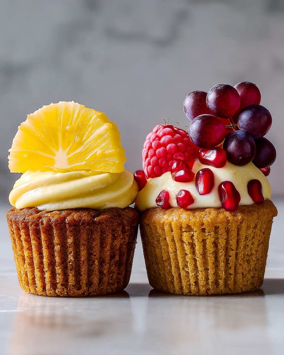 Two small golden brown cupcakes sit side by side on a white marbled surface. The cupcake on the left has a single shiny yellow pineapple slice on top of a creamy frosting layer, while the cupcake on the right is topped with a layer of white frosting covered with bright red pomegranate seeds, a fresh red raspberry, and a small cluster of deep purple grapes. The texture of the cupcakes is coarse and crumbly, and the fruits appear fresh and juicy. photo taken with an iphone --ar 4:5 --v 7