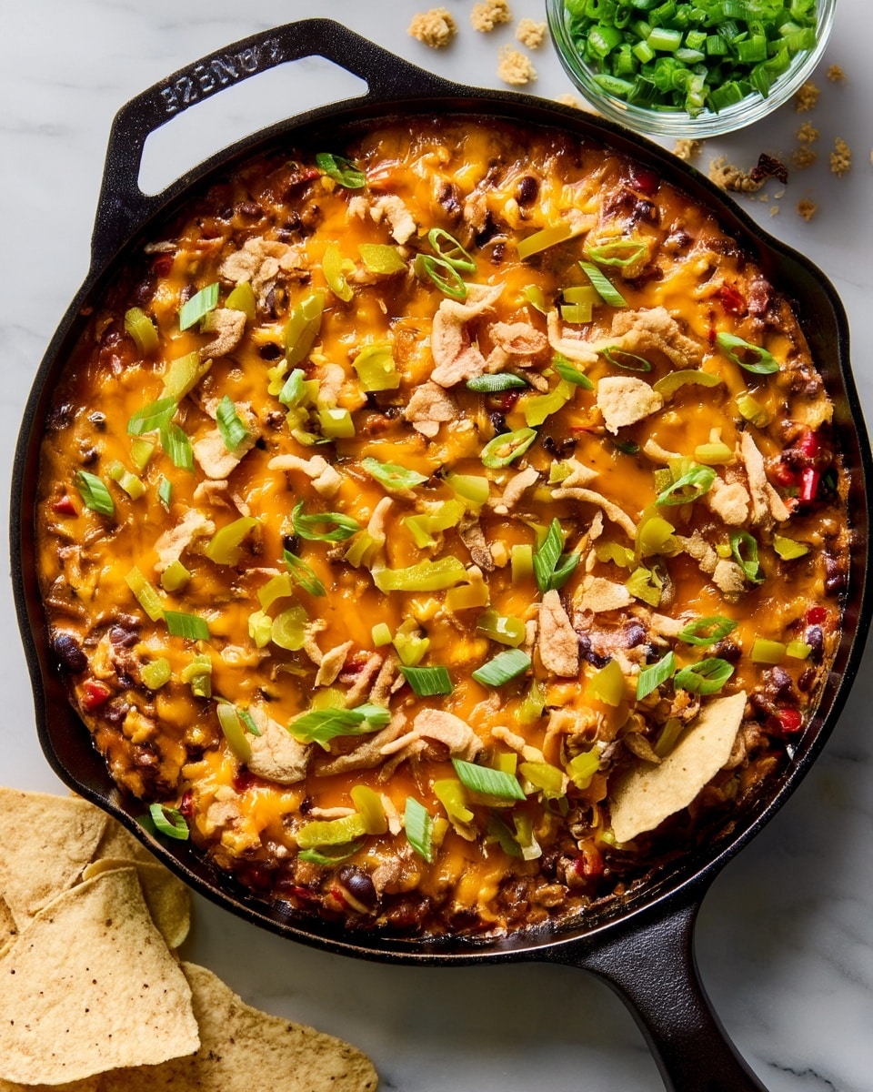 This image shows a skillet full of a layered cheesy dip topped with melted golden cheddar cheese, chopped green onions, diced green pickles, and crispy fried onion pieces scattered across the surface. The bottom layer appears to be a mix of beans and ground meat with rich brown and reddish tones visible beneath the cheese. A woman's hand is pulling a scoop of the dip up with a crispy chip, creating long, stretchy strands of melted cheese. The skillet sits on a white marbled surface. photo taken with an iphone --ar 4:5 --v 7