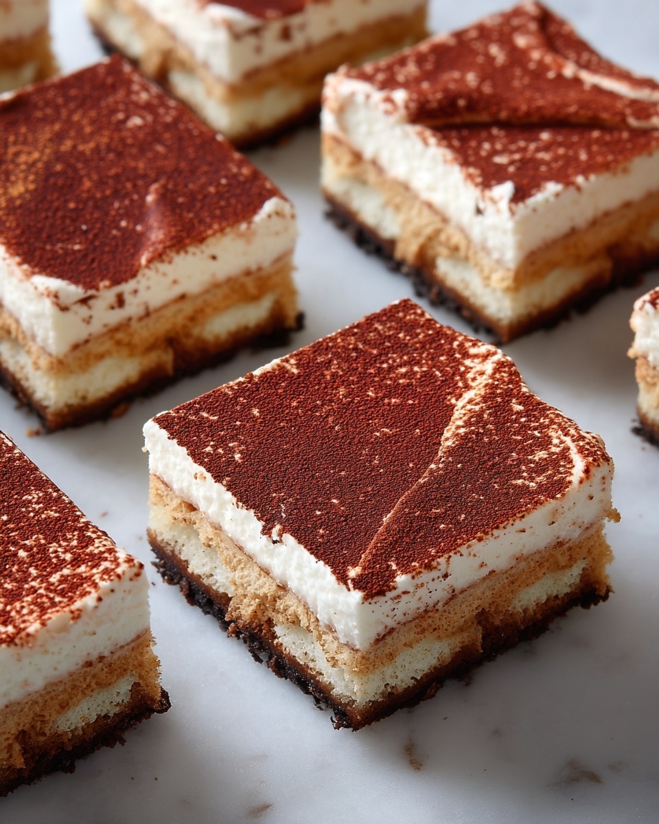 A close-up of a square slice of tiramisu dessert showing five distinct layers: the bottom layer is a dark, rich chocolate base; above it is a light cream layer, followed by a thick layer of soft, moist light brown coffee-soaked sponge cake; then a thin dark chocolate layer; topped again by another thick layer of sponge cake; finishing with a smooth, white cream layer dusted heavily with fine cocoa powder on top. The tiramisu sits on a white plate over a white marbled surface, with some cocoa powder sprinkled around. The edges show the creamy and spongy textures clearly. photo taken with an iphone --ar 4:5 --v 7