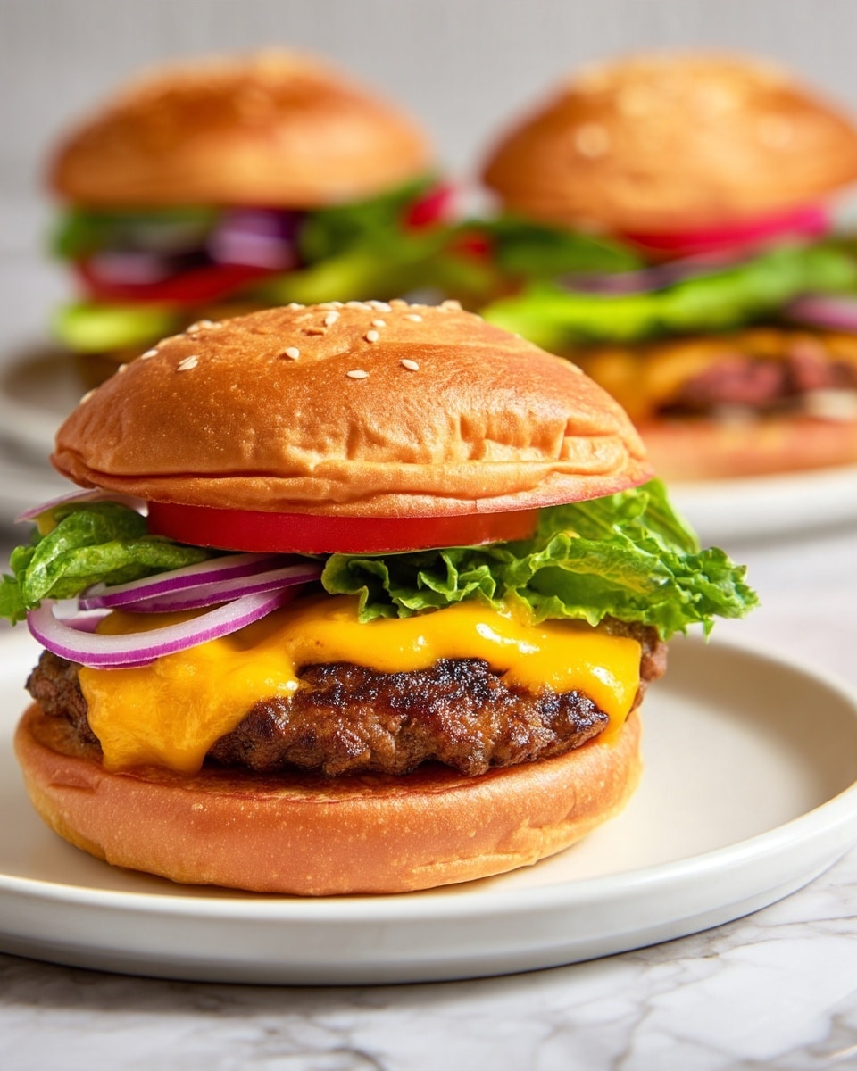A close-up view of a cheeseburger on a white plate set on a white marbled surface, showing its five layers from bottom to top: a soft, light brown toasted bun base with some mayonnaise spread, a thick, juicy beef patty topped with melted golden cheddar cheese, bright green leafy lettuce, thin slices of deep red tomato, and a few rings of purple onion, all held together by a golden-brown sesame seed bun top. Another similar burger is slightly visible in the background. Photo taken with an iphone --ar 4:5 --v 7