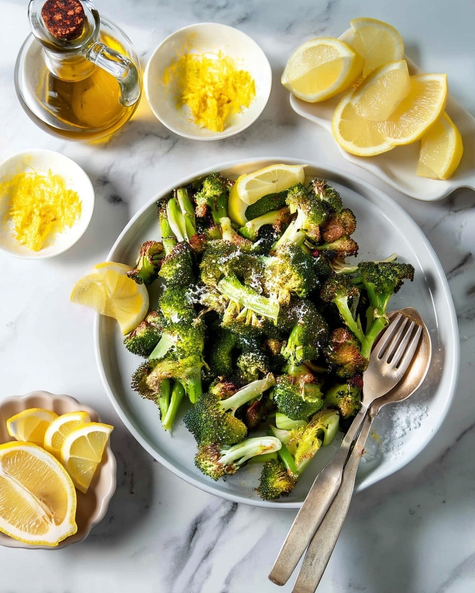 A white plate filled with roasted broccoli florets that are green with brown charred spots, topped with light yellow grated lemon zest and coarse salt grains; two pale yellow lemon wedges sit on the edge of the plate; a silver serving fork and spoon rest on the right side of the plate; nearby are a small white dish with bright yellow lemon zest, several lemon wedges arranged on a white dish, and a glass bottle with golden olive oil and a cork stopper, all laid on a white marbled surface; the light is bright and natural. photo taken with an iphone --ar 4:5 --v 7