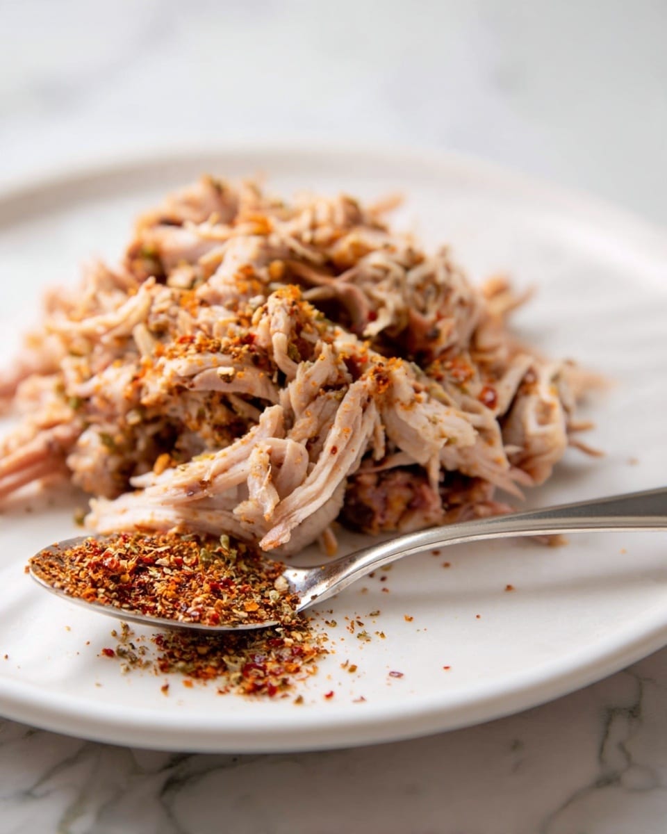 A close-up of a white plate holding a pile of shredded pork with a light pinkish-brown color and tender texture, topped with a sprinkling of mixed spices that add small flecks of red, green, and brown. In the foreground, a silver spoon resting on a white marbled surface is filled with more of the same spice mix. The background is softly blurred, keeping focus on the shredded pork and the spice's fine details. Photo taken with an iphone --ar 4:5 --v 7