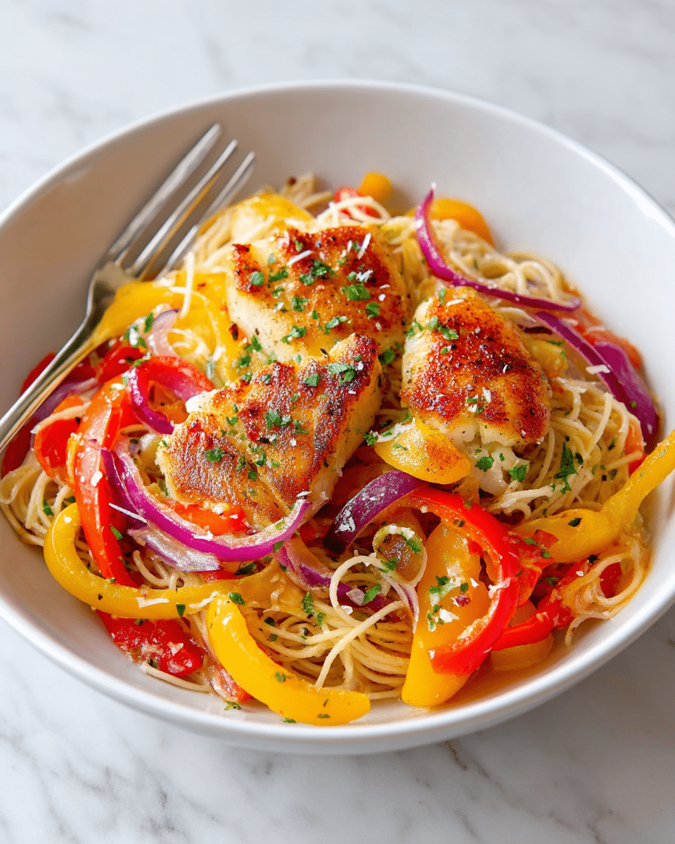 A white bowl holds a pasta dish with three layers: the bottom layer is thin spaghetti noodles mixed with sliced red and yellow bell peppers and thin slices of red onion, all coated lightly with sauce and sprinkled with green herbs; the middle layer is the colorful peppers and onions intertwined with the noodles; the top layer features three golden-brown seared pieces of fish, garnished with bits of grated cheese and small green herb flakes, with a silver fork resting on the left side of the bowl. The bowl is set on a white marbled surface. photo taken with an iphone --ar 4:5 --v 7