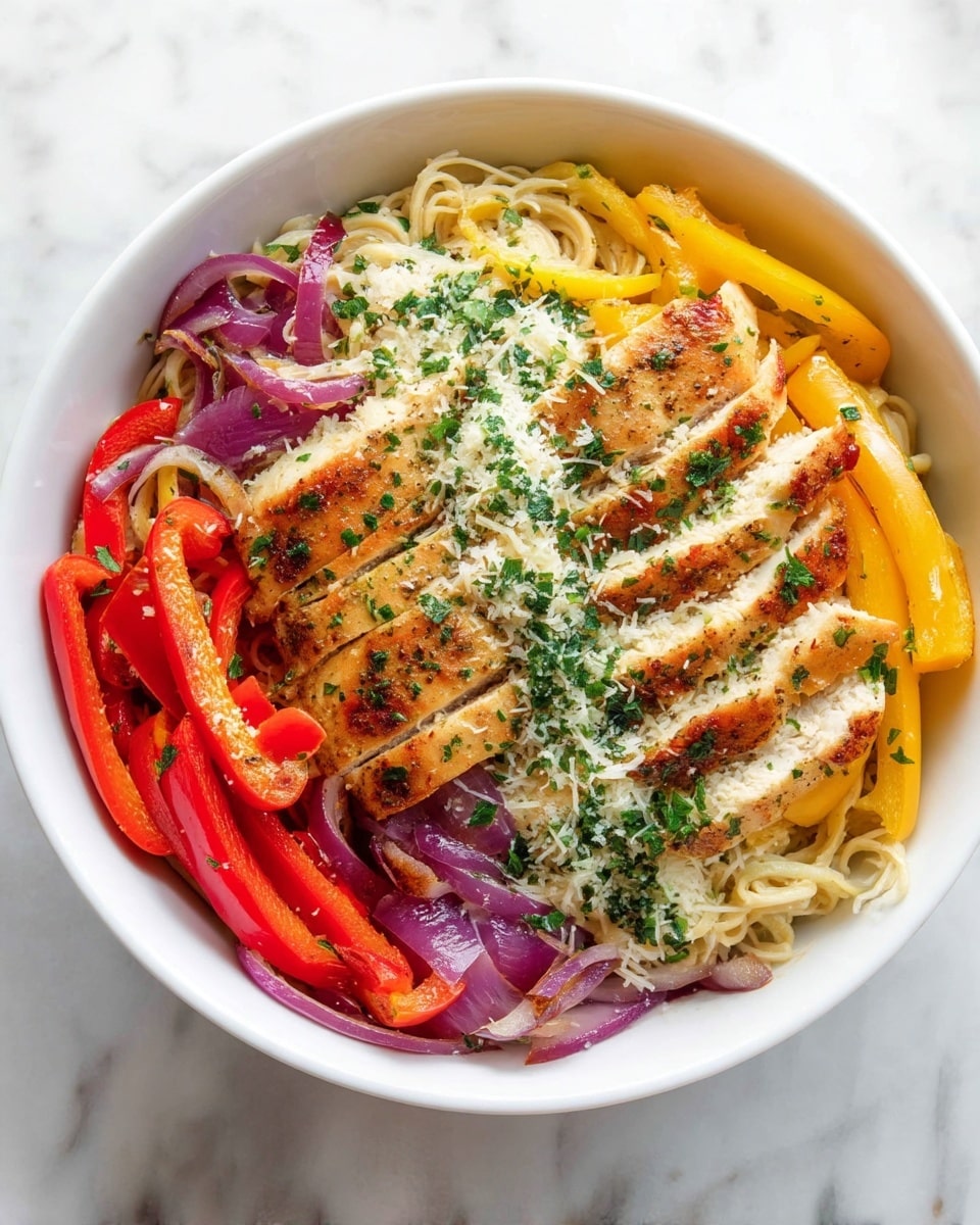 A white bowl filled with three layers: the bottom layer is thin, pale cream-colored noodles mixed with light green herbs and grated white cheese; the middle layer contains colorful strips of red and yellow bell peppers along with thin slices of purple onion, spread evenly among the noodles; the top layer shows several pieces of golden-brown grilled chicken breast sprinkled with more green herbs and grated cheese. The bowl is placed on a white marbled surface. photo taken with an iphone --ar 4:5 --v 7