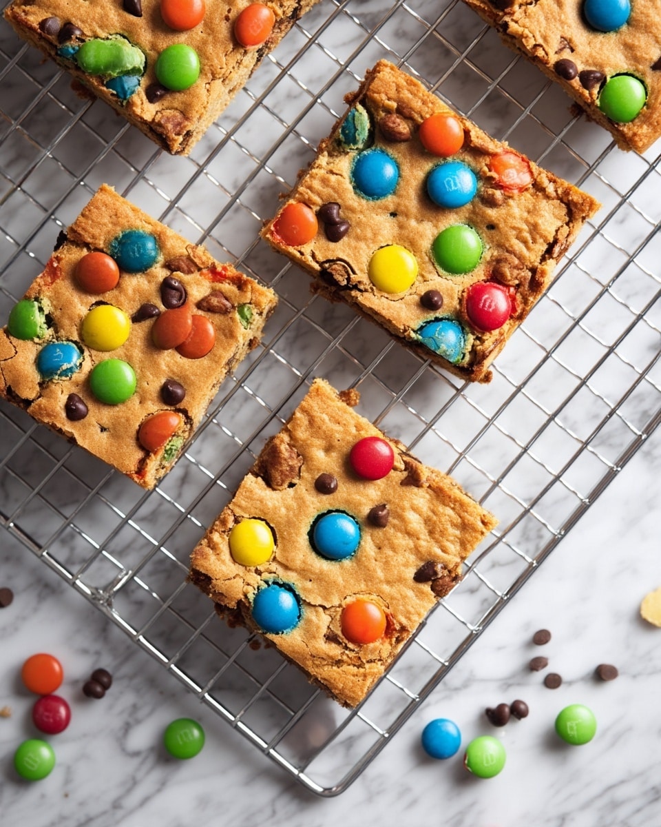 Square pieces of dense cookie bars lie on a metal cooling rack over a white marbled surface. Each bar has a light brown base layer filled with chocolate chips and topped with colorful candy-coated chocolate pieces in green, blue, red, orange, and yellow. The texture of the bars looks slightly crumbly with some cracks visible on the surface. Scattered chocolate chips and candies surround the cooling rack, adding a playful touch to the scene. photo taken with an iphone --ar 4:5 --v 7