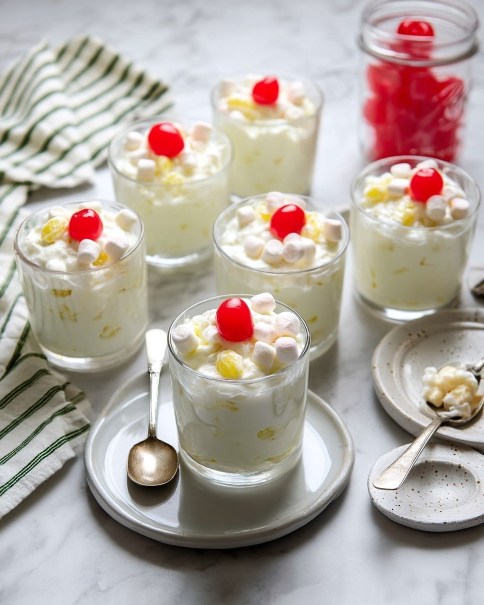 There are six clear glasses filled with a creamy white layered dessert featuring small white marshmallows and light yellow pieces mixed in. Each glass is topped with a shiny bright red maraschino cherry placed in the center. Five of the glasses are arranged on a round white plate, with a silver spoon resting beside them, while one glass with a spoon inside sits on a white speckled plate nearby. The background is a white marbled surface, with a white cloth featuring green stripes partially visible in the top right corner, and a jar with extra cherries on the right side. Photo taken with an iphone --ar 4:5 --v 7