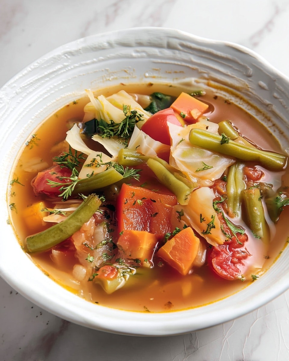 A white bowl filled with a clear, light brown vegetable soup containing large pieces of orange carrots, green beans, light green cabbage, and red tomatoes, all floating in the broth with small bits of green herbs sprinkled on top. The bowl sits on a white marbled surface and has a textured rim. photo taken with an iphone --ar 4:5 --v 7