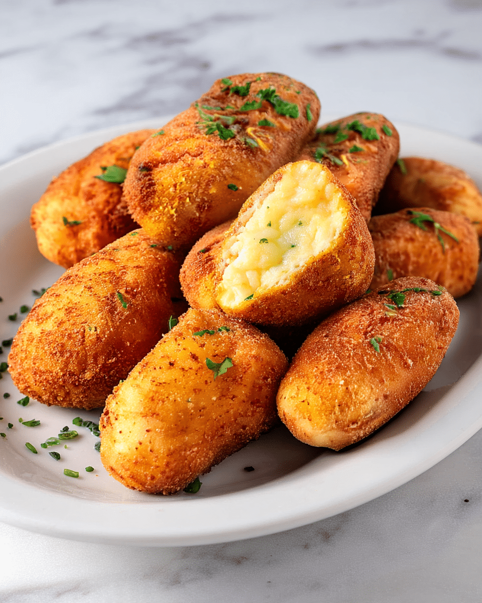 A white oval plate holds a pile of golden-brown croquettes with a crispy, textured coating. Each croquette is shaped like a small elongated oval. One croquette is cut open in the front, showing a soft, creamy yellow filling speckled with small green bits. The croquettes are sprinkled with finely chopped green herbs that add a fresh color contrast. The plate sits on a white marbled surface, adding a clean and elegant background. photo taken with an iphone --ar 4:5 --v 7