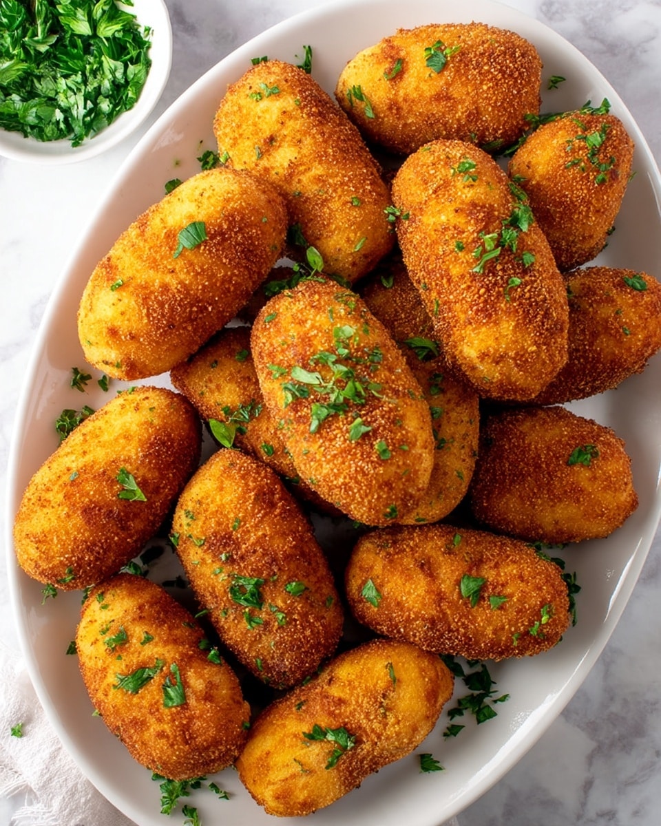 A white oval plate filled with about fifteen golden-brown croquettes, each with a crispy, crumb-coated outer layer that looks crunchy and evenly fried. The croquettes are oval-shaped and arranged closely, sprinkled with small pieces of fresh green parsley on top. In the top left corner of the image, there is a small white bowl containing finely chopped green herbs, placed on a white marbled surface. The lighting highlights the warm brown tones and texture of the croquettes and the fresh green of the parsley. Photo taken with an iphone --ar 4:5 --v 7