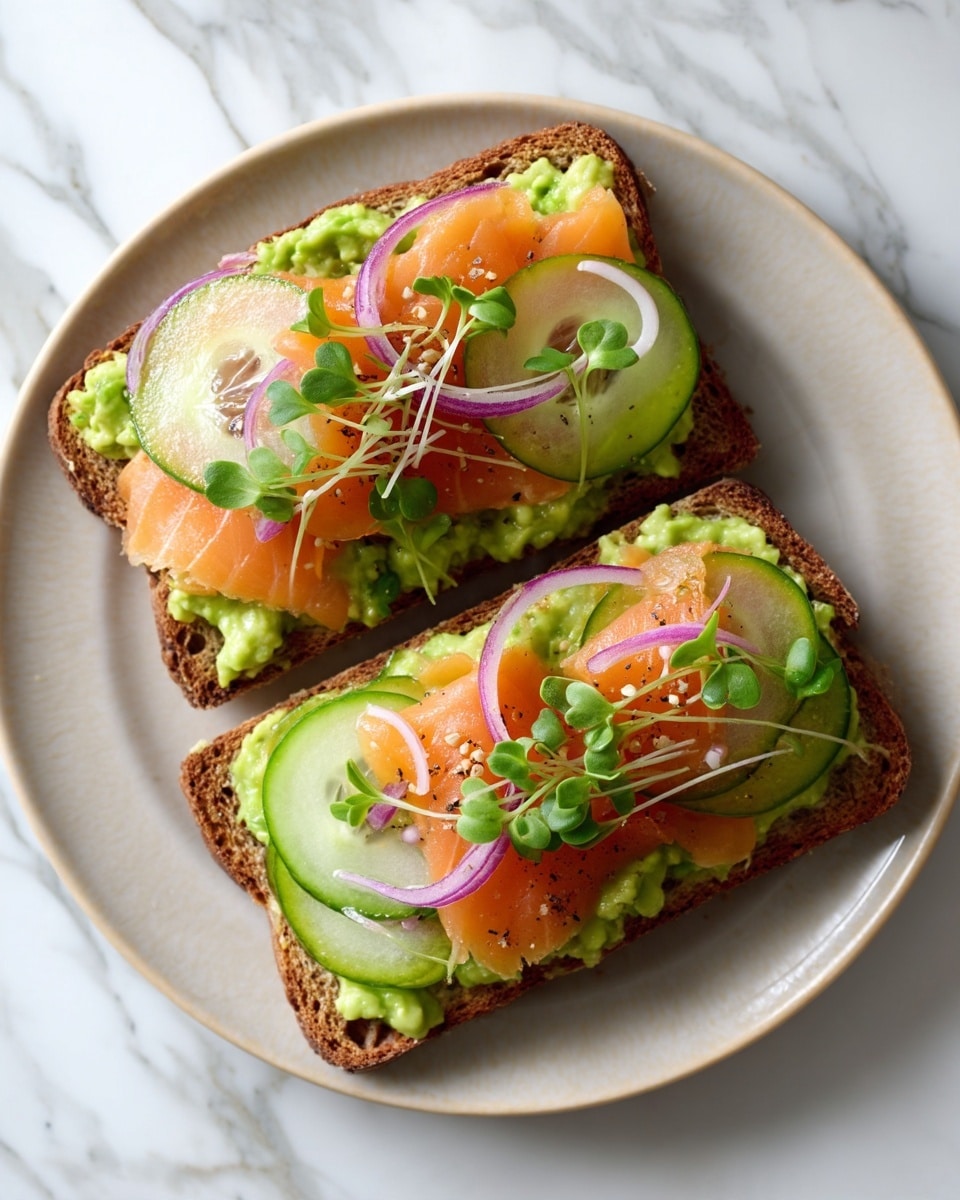 Two slices of toasted brown bread sit on a white plate with a white marbled surface beneath. Each slice is covered with a layer of bright green smashed avocado, topped with delicate, orange-pink slices of smoked salmon. On top are thin, translucent round slices of cucumber and thin crescent-shaped slices of red onion. There are small green sprouts scattered on the top, adding freshness and contrast to the colors. Photo taken with an iphone --ar 4:5 --v 7