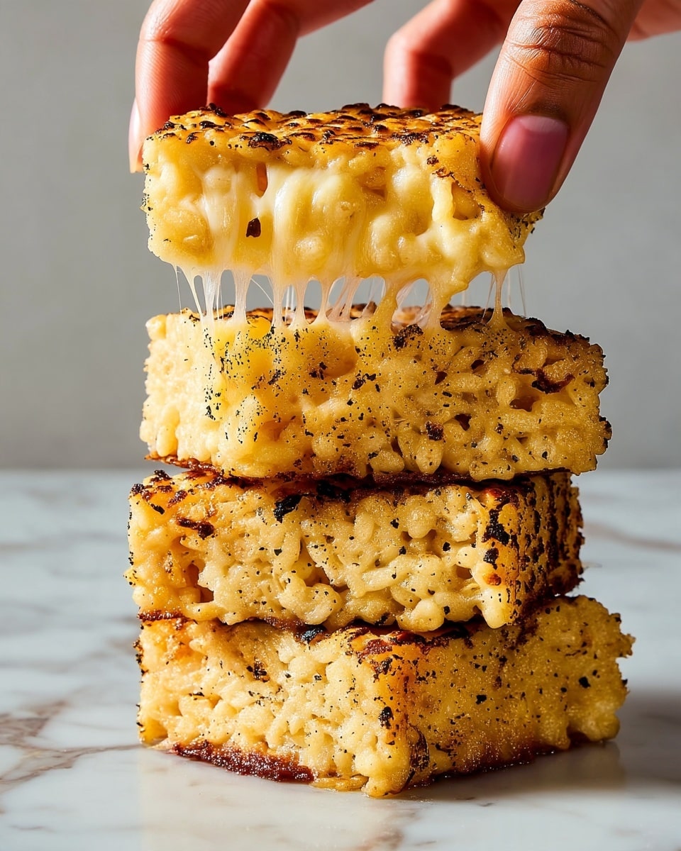 A close-up image showing a woman's hand lifting the top piece of a three-layer stack of crispy, golden-brown rice squares with visible small black char marks, revealing stretchy, melted cheese strings connecting the layers. Each square has a slightly rough texture with crispy edges and a soft, gooey cheese filling inside, all placed against a white marbled texture background. photo taken with an iphone --ar 4:5 --v 7