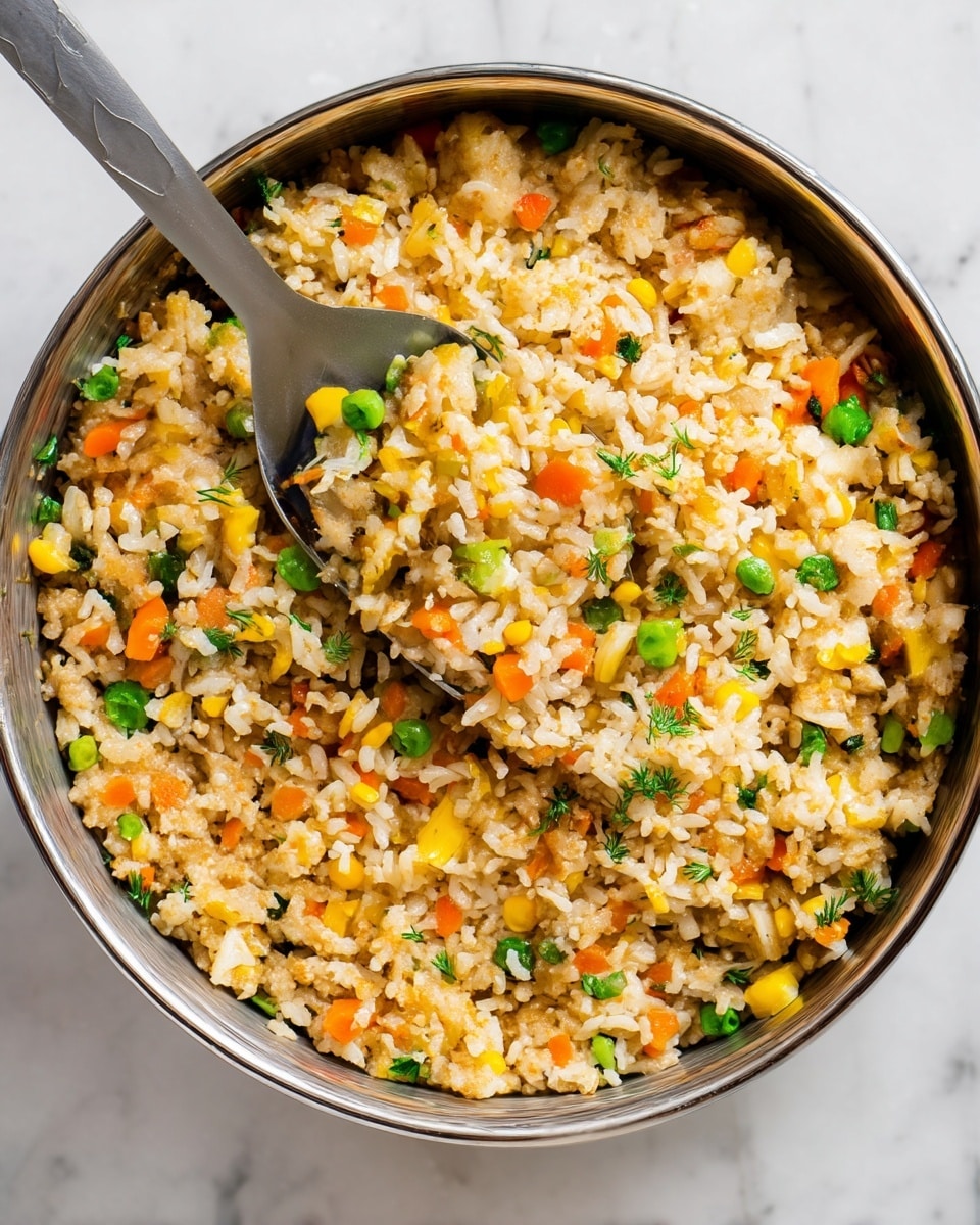 A close-up image of a round metal bowl filled with cooked mixed fried rice. The rice is light beige and looks soft, mixed with small bits of bright orange carrots, yellow corn kernels, and green peas evenly spread throughout. There are also tiny pieces of green herbs scattered inside. A metal spoon is scooping some rice from the left side of the bowl, partially lifting the mixture. The bowl is placed on a white marbled surface. photo taken with an iphone --ar 4:5 --v 7