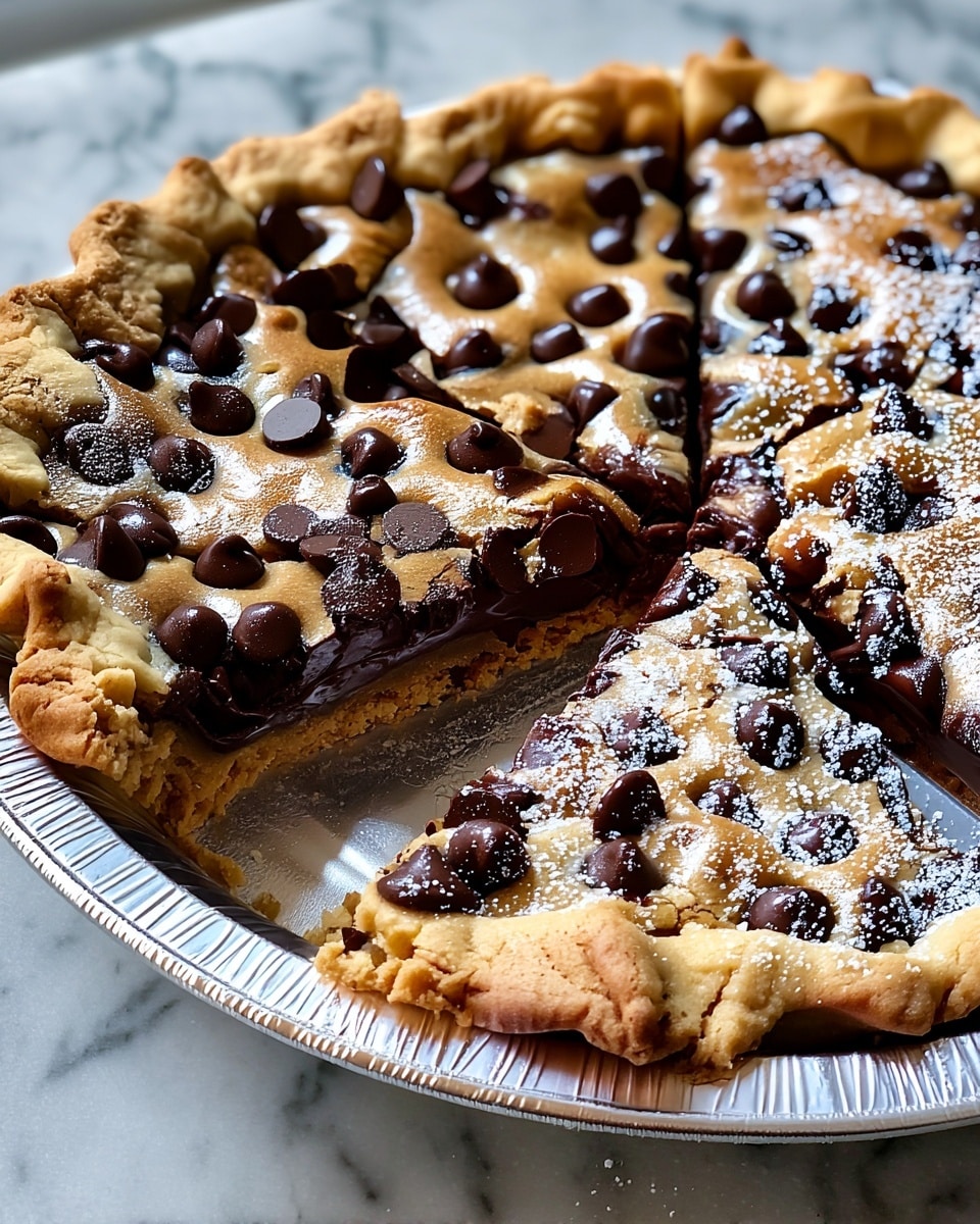 A close-up view of a chocolate chip cookie pie in a round silver foil pan, sliced into wedges with one slice slightly separated, showing a gooey, thick dark chocolate layer underneath a golden-brown cookie dough layer studded with many semi-sweet chocolate chips; the cookie dough layer has a slightly cracked texture with a dusting of powdered sugar, and the edge crust is thick and crimped, all placed on a white marbled surface. photo taken with an iphone --ar 4:5 --v 7