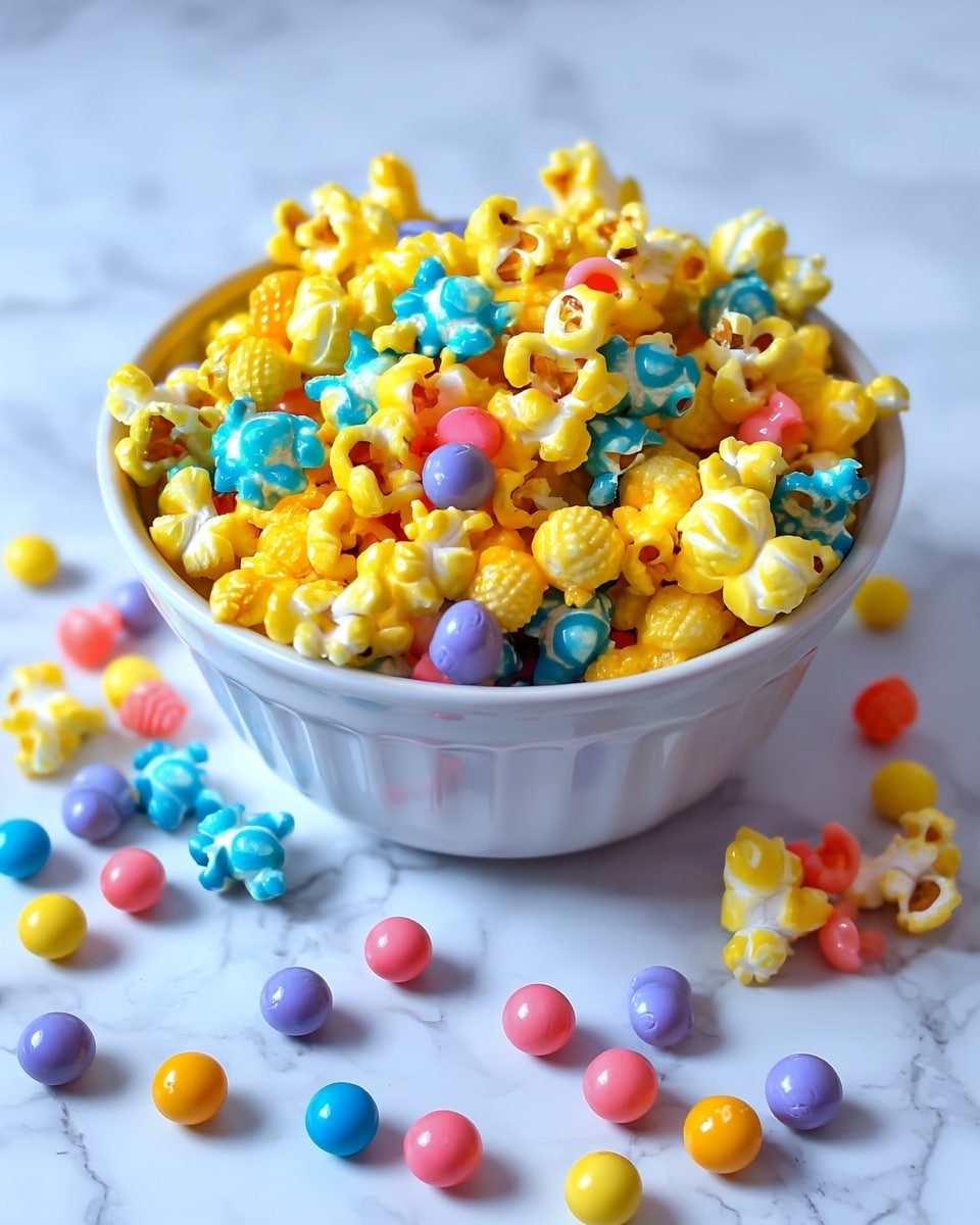 A white bowl filled with colorful popcorn sits on a white marbled surface. The popcorn is coated in pastel colors of yellow, pink, and blue, each kernel showing a mix of bright and soft hues with a slightly shiny texture. The popcorn fills the bowl to the top and spills over the edges, with some kernels scattered loosely around the bowl on the surface. The colors are vibrant and the popcorn looks light and fluffy, with each kernel having a slightly different shape and size. Photo taken with an iphone --ar 4:5 --v 7
