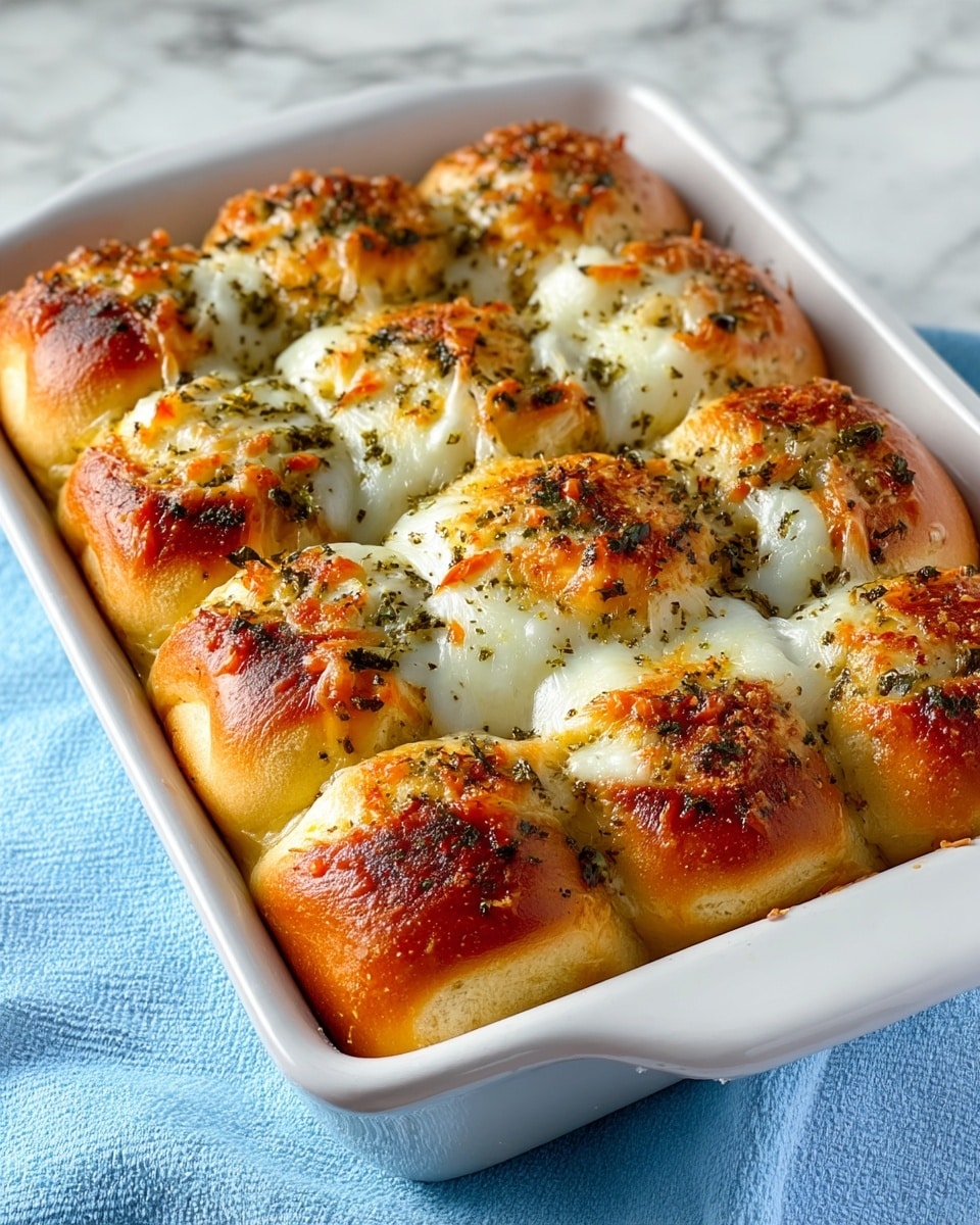 A white baking dish holds nine soft bread rolls arranged in a 3x3 grid, each roll golden brown with a slightly shiny, baked crust. On top of each roll is a melted layer of white cheese, spread unevenly so some parts show the browned bread underneath. Scattered over the cheese are small bits of green herbs and spices, giving texture and color contrast. The dish sits on a white marbled surface, creating a clean background. photo taken with an iphone --ar 4:5 --v 7