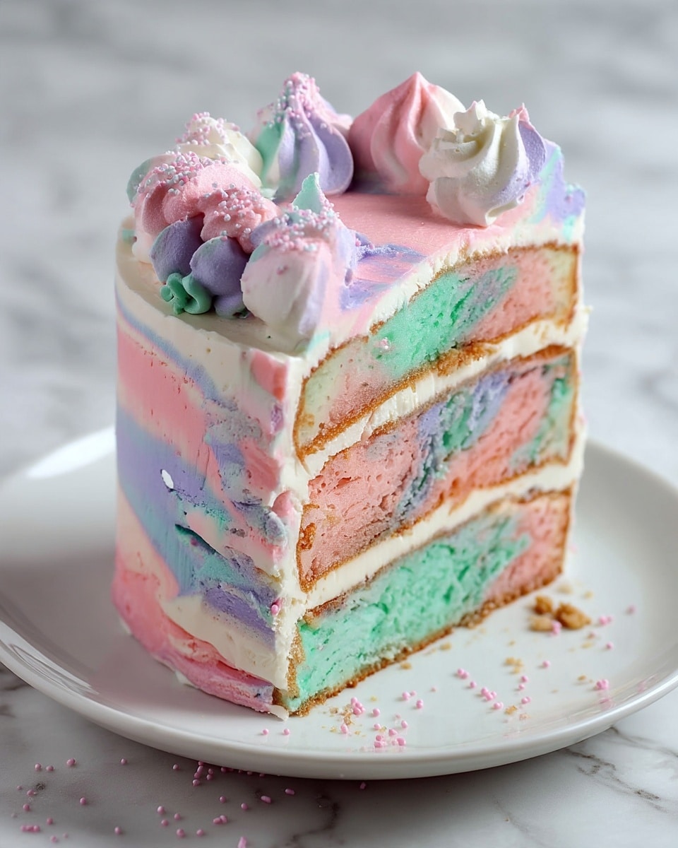 A tall cake with four visible layers on a white plate, each layer alternating between mint green and pink sponge separated by thin layers of white cream. The outside frosting is a smooth mix of pale pink, light purple, and mint green colors, swirled together with fluffy dollops on top in the same colors, topped with small pink sprinkles. The cake is set on a white marbled surface with some crumbs scattered near its base. Photo taken with an iphone --ar 4:5 --v 7