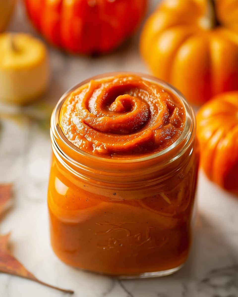 The image shows a clear glass jar filled with smooth pumpkin puree that is bright orange with a slightly glossy texture. The puree is swirled neatly at the top, creating a spiral pattern that adds depth. In the blurred background, there are small orange pumpkins and a yellowish object on a white marbled surface, adding a warm autumn feel to the scene. photo taken with an iphone --ar 4:5 --v 7