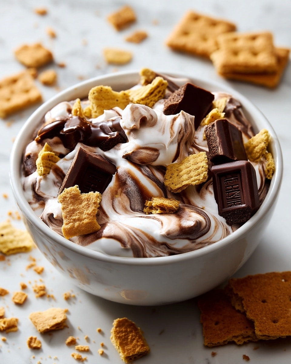 A white bowl filled with swirled marshmallow cream and chocolate sauce, creating a soft, fluffy texture with white and brown streaks. Scattered on top are chunks of golden, crumbly graham crackers and pieces of dark milk chocolate squares, some partially melted into the creamy mix. The bowl sits on a white marbled surface, with some graham cracker crumbs placed nearby. photo taken with an iphone --ar 4:5 --v 7