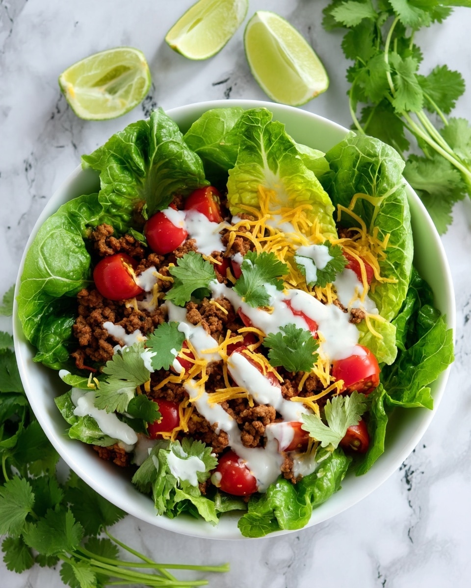 A fresh taco salad is shown in a white bowl placed on a white marbled surface. At the base, dark green romaine lettuce leaves are arranged around the edges, creating a leafy border. Inside, there is a layer of ground beef mixed with small bits of diced red tomatoes. On top of the meat and tomatoes, shredded yellow cheddar cheese is scattered evenly. Fresh green cilantro leaves are spread throughout the salad. The dish is finished with a drizzle of white creamy dressing spread lightly over the top. Two lime wedges are placed at the back of the bowl, adding a fresh and zesty touch. photo taken with an iphone --ar 4:5 --v 7