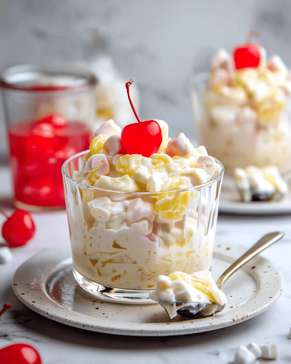 The image shows a clear glass filled almost to the top with a creamy, white dessert mixed with visible light yellow chunks of fruit and small white marshmallows. The dessert is topped with a shiny red cherry in the center. The glass sits on a white speckled plate with a spoon beside it that holds a scoop of the same dessert. In the background, there are blurred additional glasses filled with the same dessert and a jar with more red cherries on a white marbled surface. photo taken with an iphone --ar 4:5 --v 7