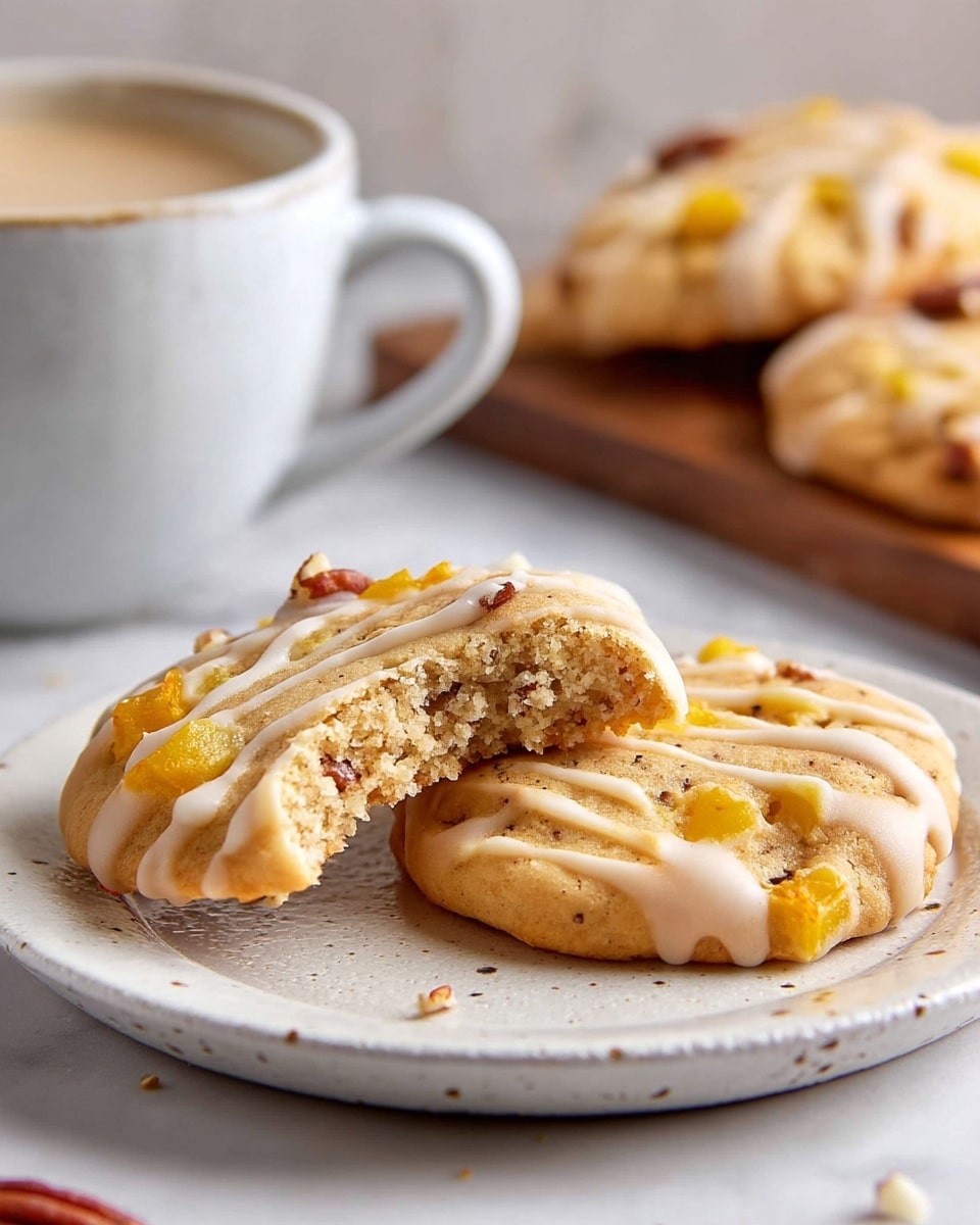 Two soft cookies rest on a white speckled plate on a white marbled surface, one cookie partially overlapping the other. Both cookies are light golden brown with a slightly crumbly texture and are drizzled with thin white icing lines across their tops. Visible pieces of bright yellow fruit and brown pecans peek through the cookie dough. One cookie has a bite taken out of it, showing a soft and dense inside with crumbs. In the background, partially blurred cookies and a cup with frothy light brown liquid sit on a wooden surface. photo taken with an iphone --ar 4:5 --v 7