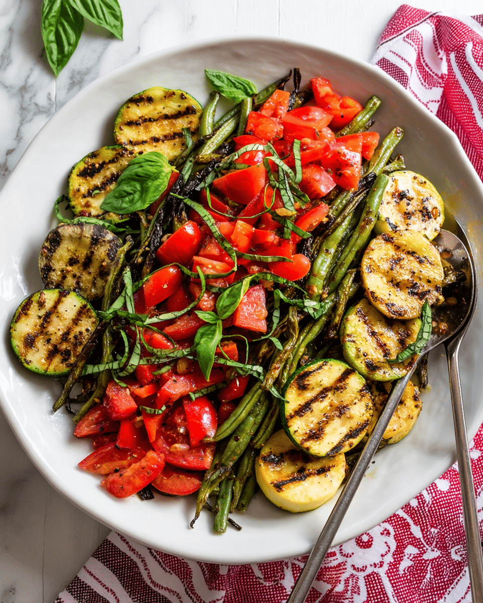 A white plate holds a colorful grilled vegetable salad made of three main layers: the base layer of charred green beans that look slightly wrinkled and browned, the middle layer of grilled zucchini slices with dark grill marks and light green edges, and the top layer of chopped, juicy red tomatoes adding bright pops of color. Fresh green basil leaves and thin strips of basil are scattered over the vegetables as garnish. Two metal serving spoons rest on the plate amidst the vegetables. The plate is set on a white marbled surface with a red and white patterned cloth partially visible near the top right corner. Photo taken with an iphone --ar 4:5 --v 7