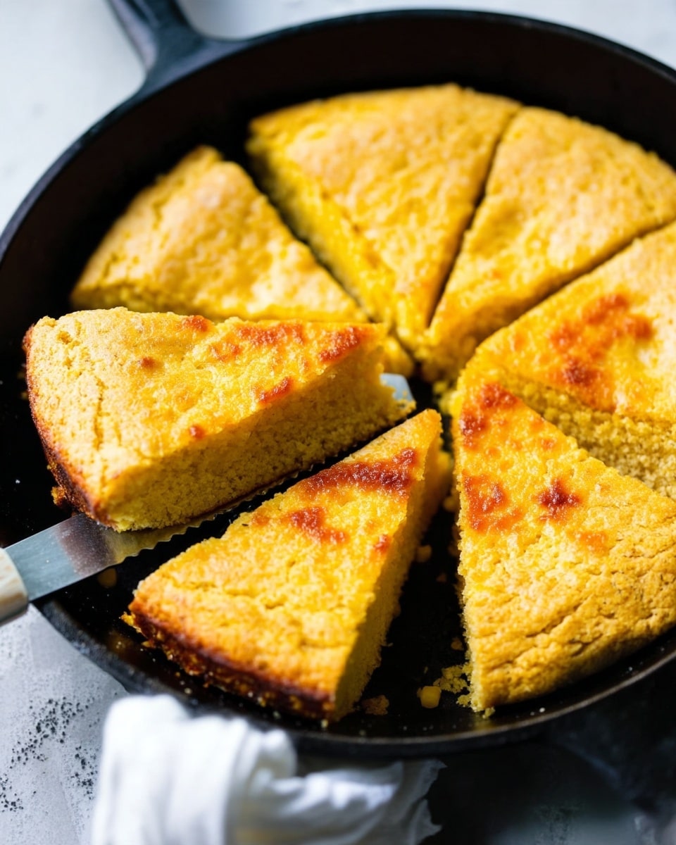 A round golden cornbread is shown in a black cast iron skillet, cut into six even triangular slices. One slice is being lifted with a knife that has a white handle, revealing its soft, crumbly texture inside with a slightly rough top surface in a warm yellow-brown color. A white cloth is folded and placed near the skillet on a white marbled textured surface. The scene looks bright and clean, with a clear focus on the cornbread and its texture. photo taken with an iphone --ar 4:5 --v 7