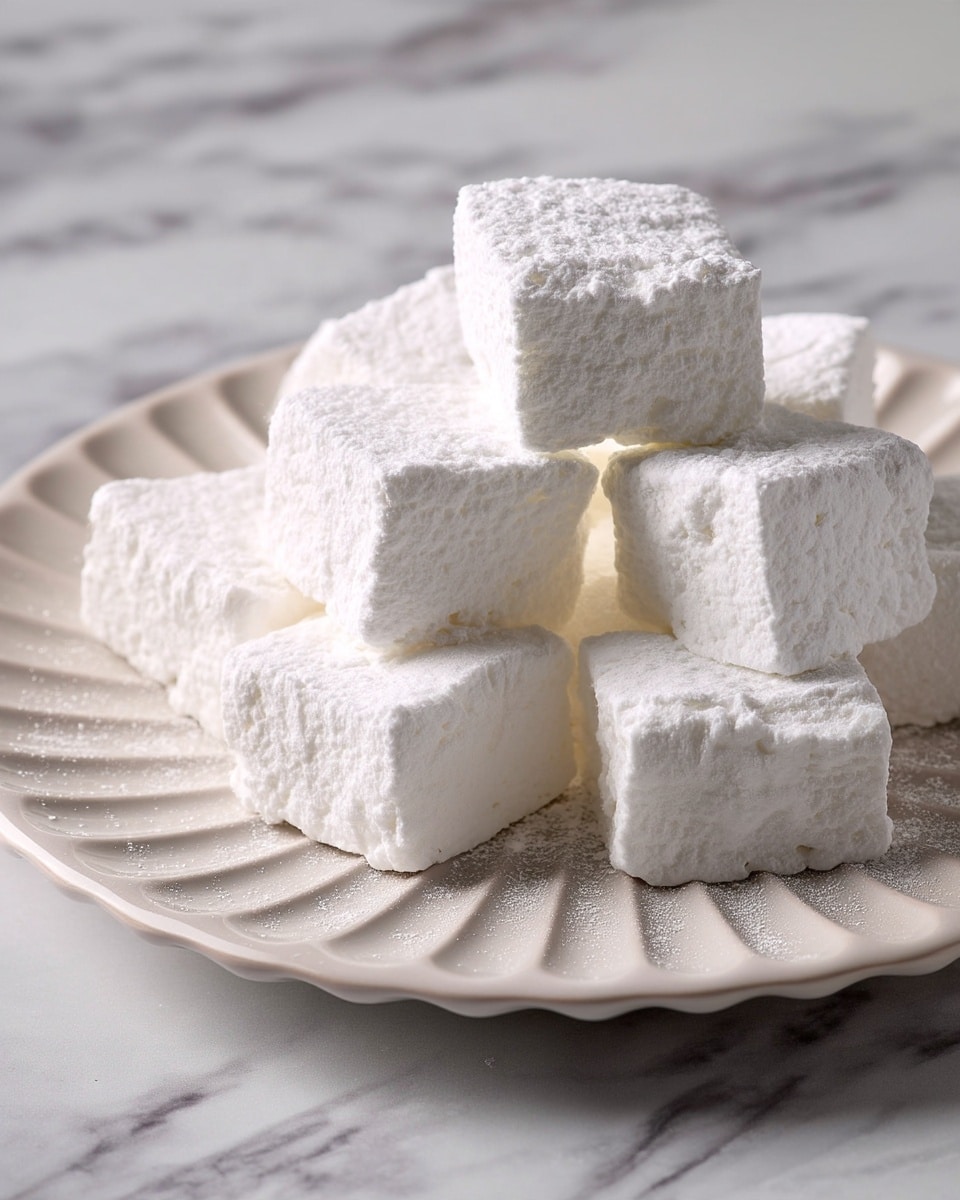 A cluster of soft, square white marshmallows with a powdered sugar coating is arranged piled on a white ceramic plate with a ridged pattern along the edge. The marshmallows have a slightly bumpy texture, giving them a handmade look. The plate rests on a white marbled surface with soft grey veins, adding a subtle contrast to the bright white marshmallows. The image is close up, showing the details of the fluffy texture and the light dusting on each piece. photo taken with an iphone --ar 4:5 --v 7