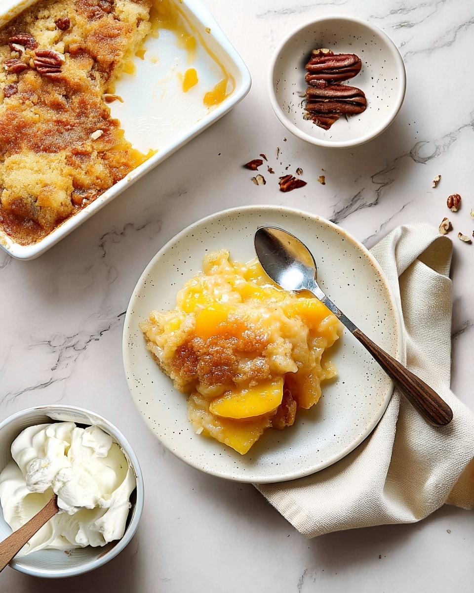 The image shows a serving of peach cobbler with two main layers: the bottom layer is soft, golden yellow cooked peaches with a juicy texture, and the top layer is a thick, crumbly golden brown crust with a slightly crisp surface. The cobbler piece is placed in the center of a white speckled plate, with a silver spoon featuring a dark wooden handle resting on the right side of the plate, slightly under the dessert. To the upper left, there is a white baking dish with a partially eaten cobbler showing the same two layers inside. Near the top right of the image, a small white bowl contains a few pecans with some crumbs scattered outside it. At the bottom left, there is another white bowl filled with fluffy whipped cream, and a wooden spoon resting inside it. All items sit on a white marbled textured surface with a light beige cloth napkin placed under the plate on the right side. Photo taken with an iphone --ar 4:5 --v 7